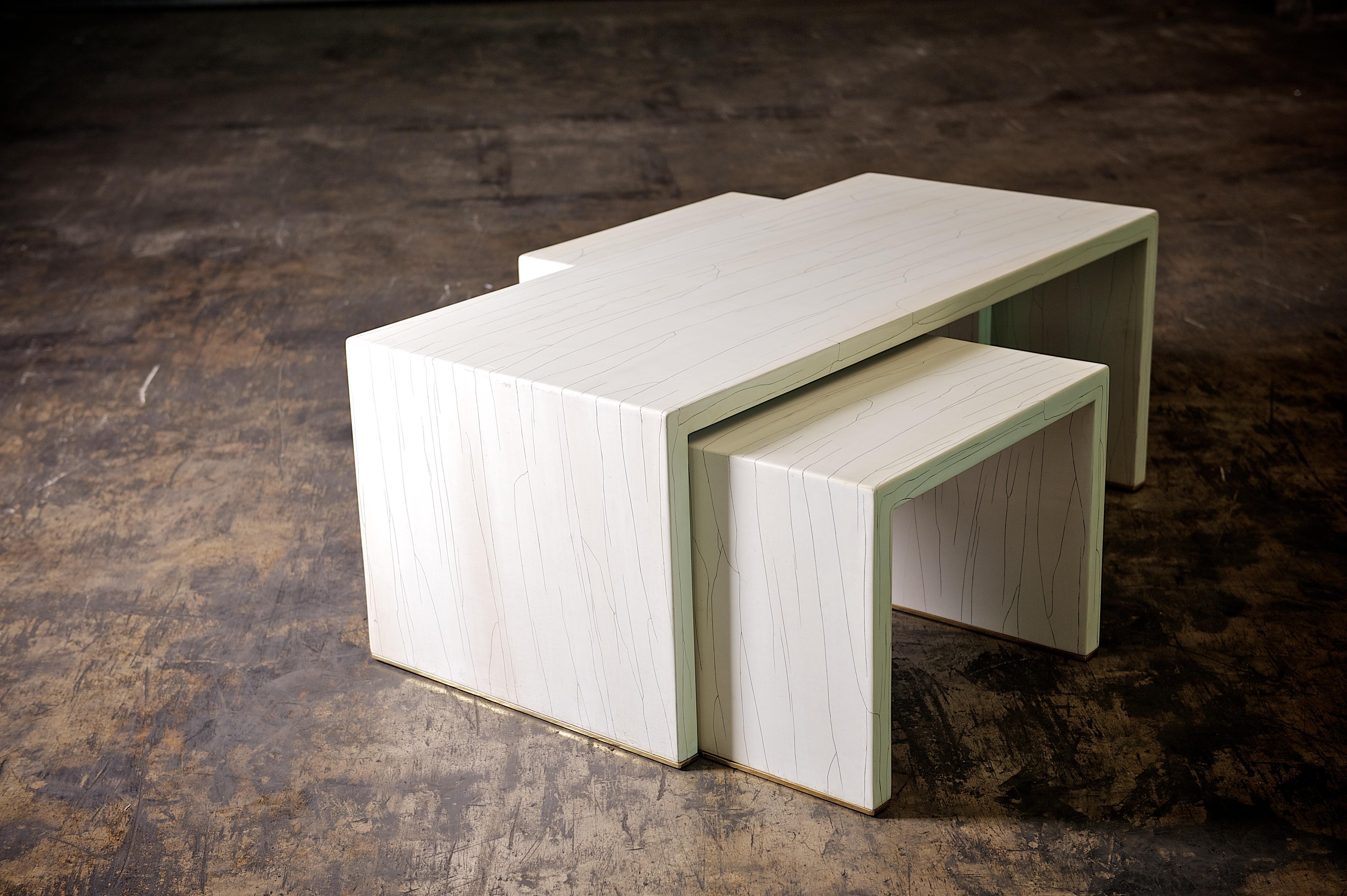 Modern Ivory Gesso Nesting Coffee Table in White Finish by Elan Atelier