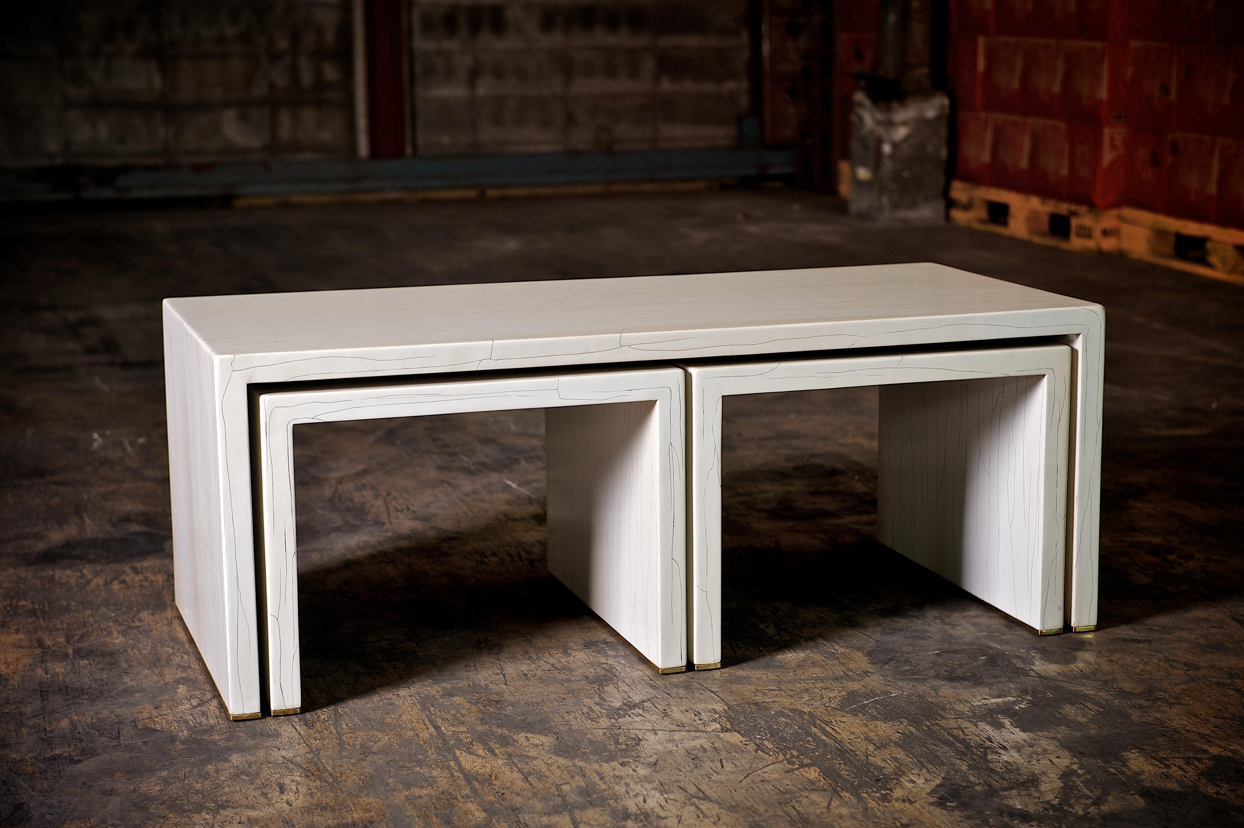 European Ivory Gesso Nesting Coffee Table in White Finish by Elan Atelier