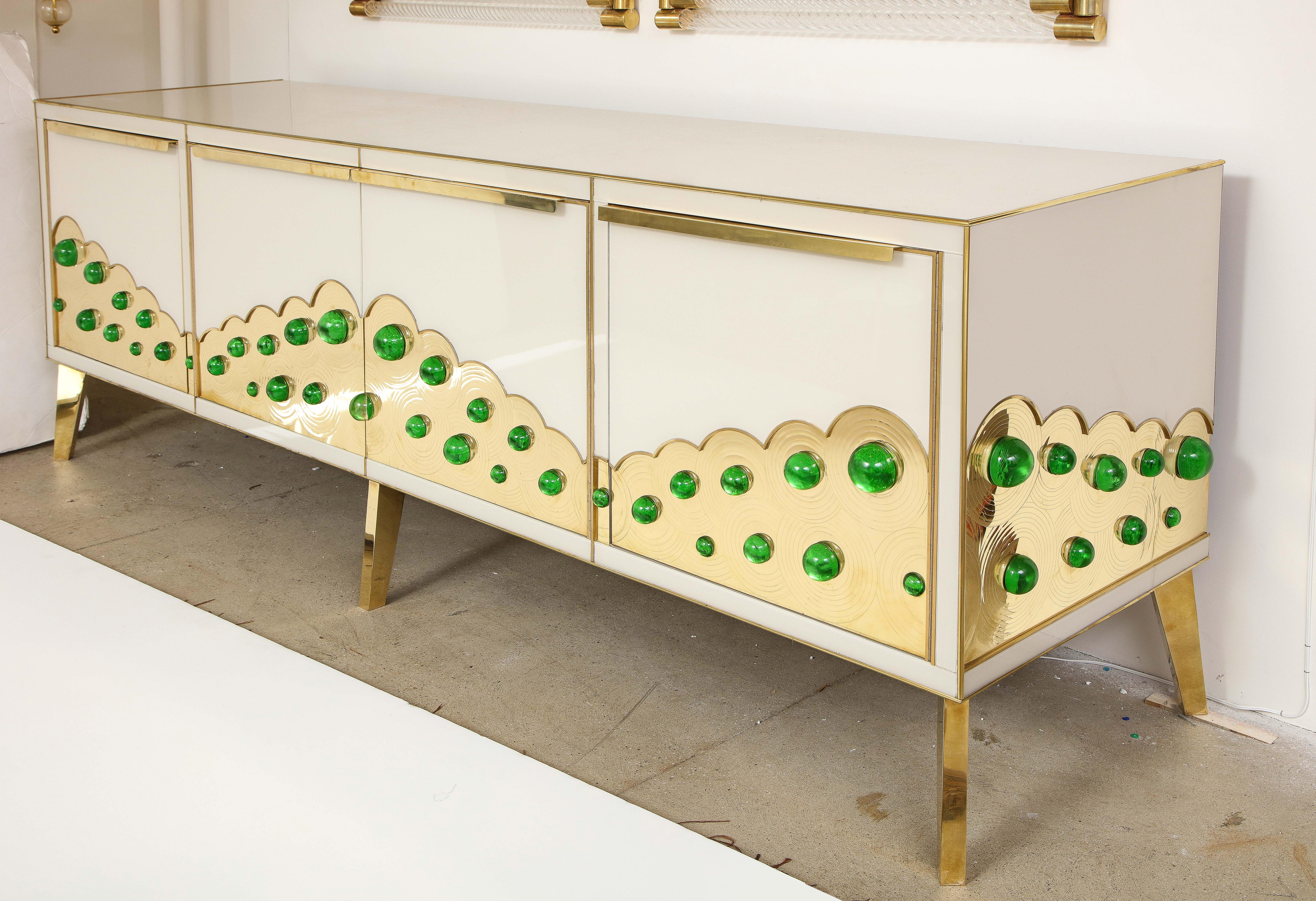 Ivory Glass and Brass Sideboard with Emerald Green Murano Glass Spheres, Italy 6
