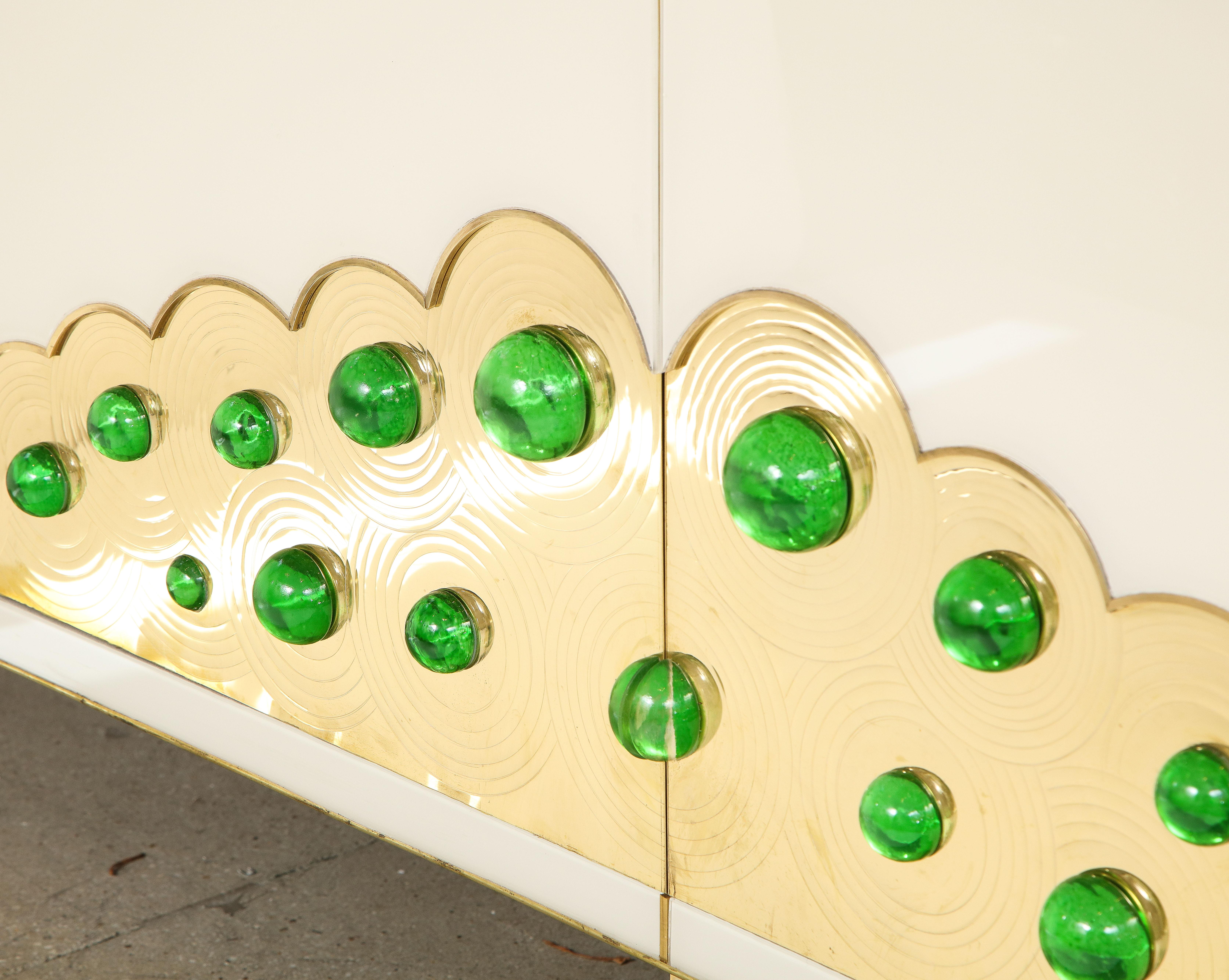 Ivory Glass and Brass Sideboard with Emerald Green Murano Glass Spheres, Italy 7