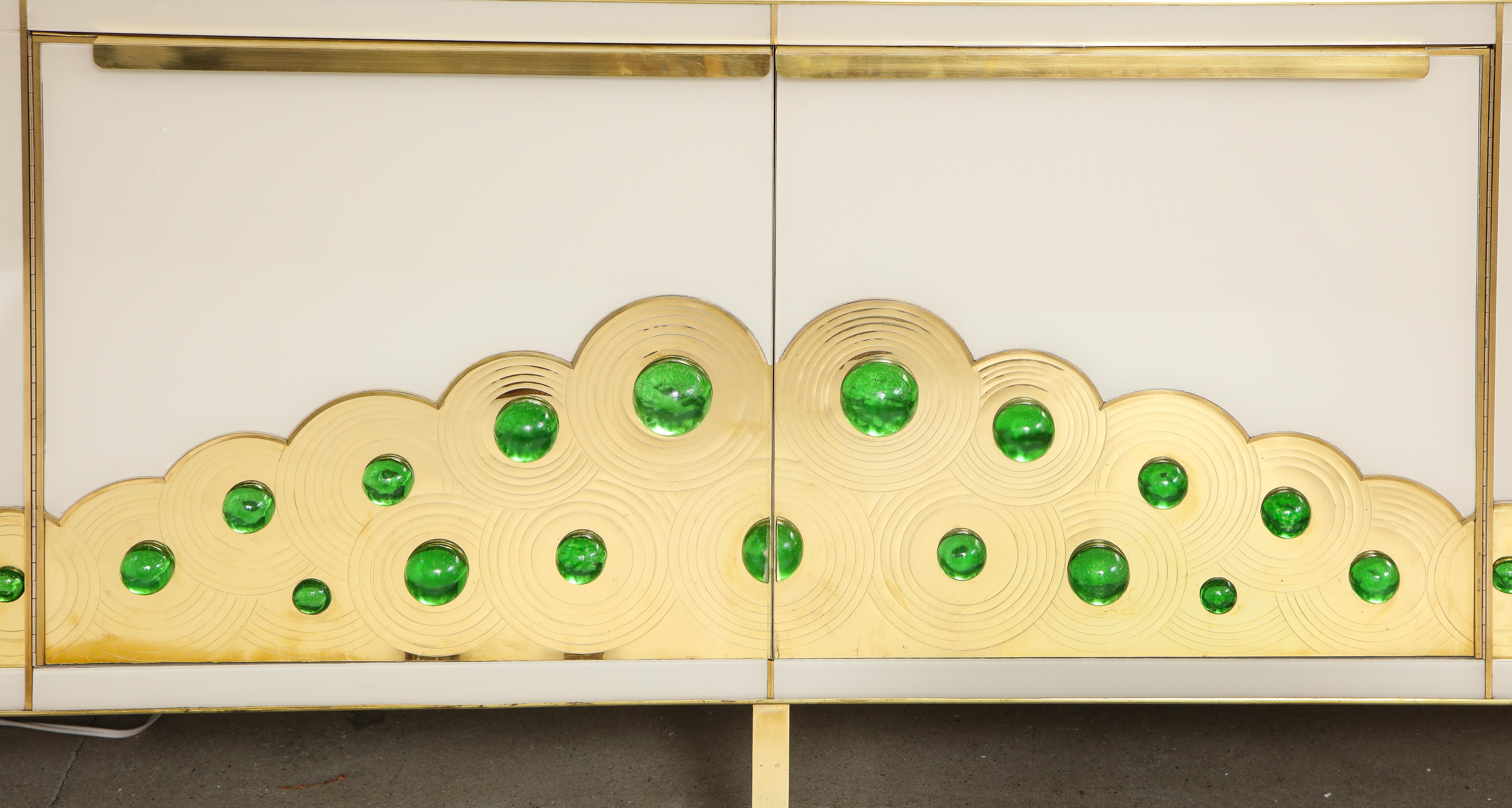 Ivory Glass and Brass Sideboard with Emerald Green Murano Glass Spheres, Italy 8