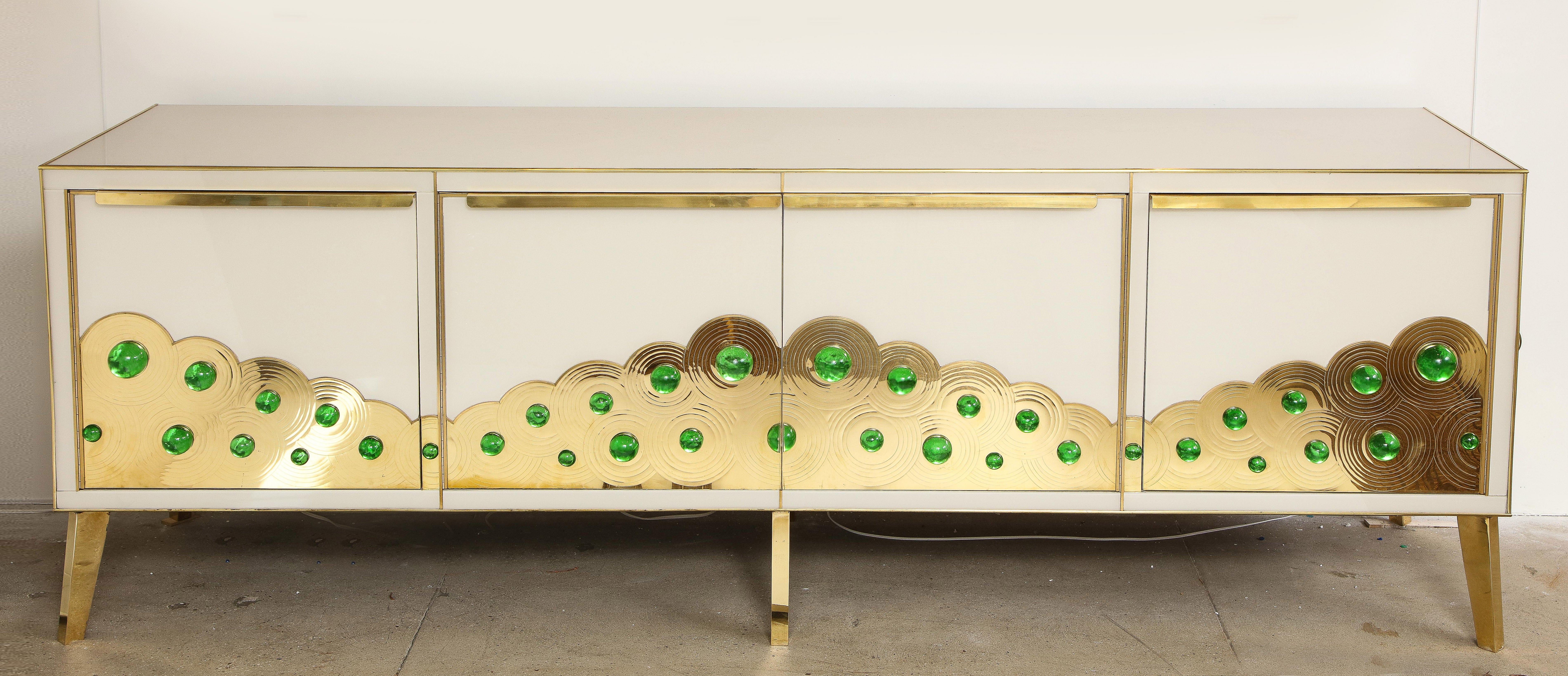 Ivory Glass and Brass Sideboard with Emerald Green Murano Glass Spheres, Italy 10