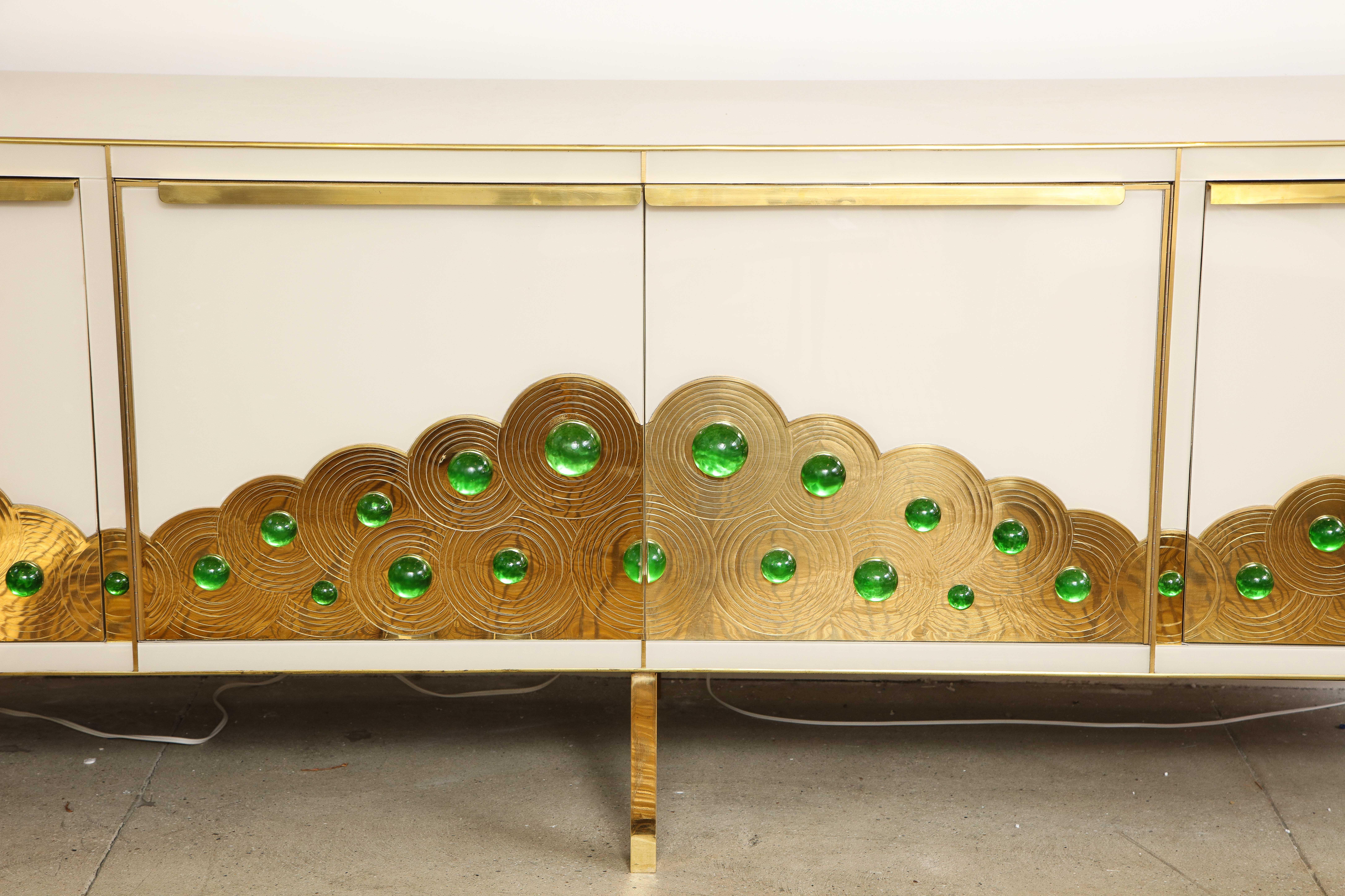 Hand-Crafted Ivory Glass and Brass Sideboard with Emerald Green Murano Glass Spheres, Italy