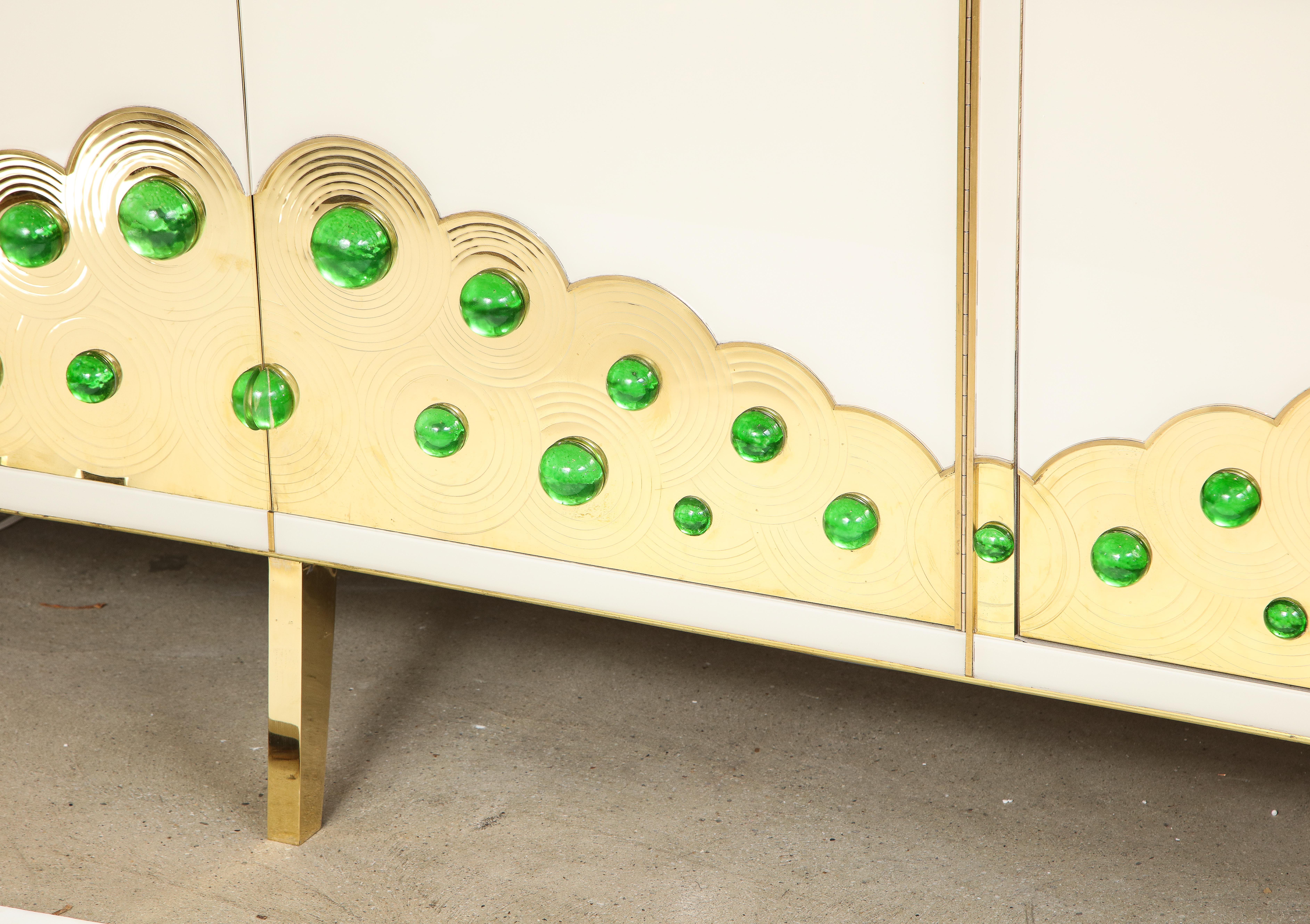 Contemporary Ivory Glass and Brass Sideboard with Emerald Green Murano Glass Spheres, Italy