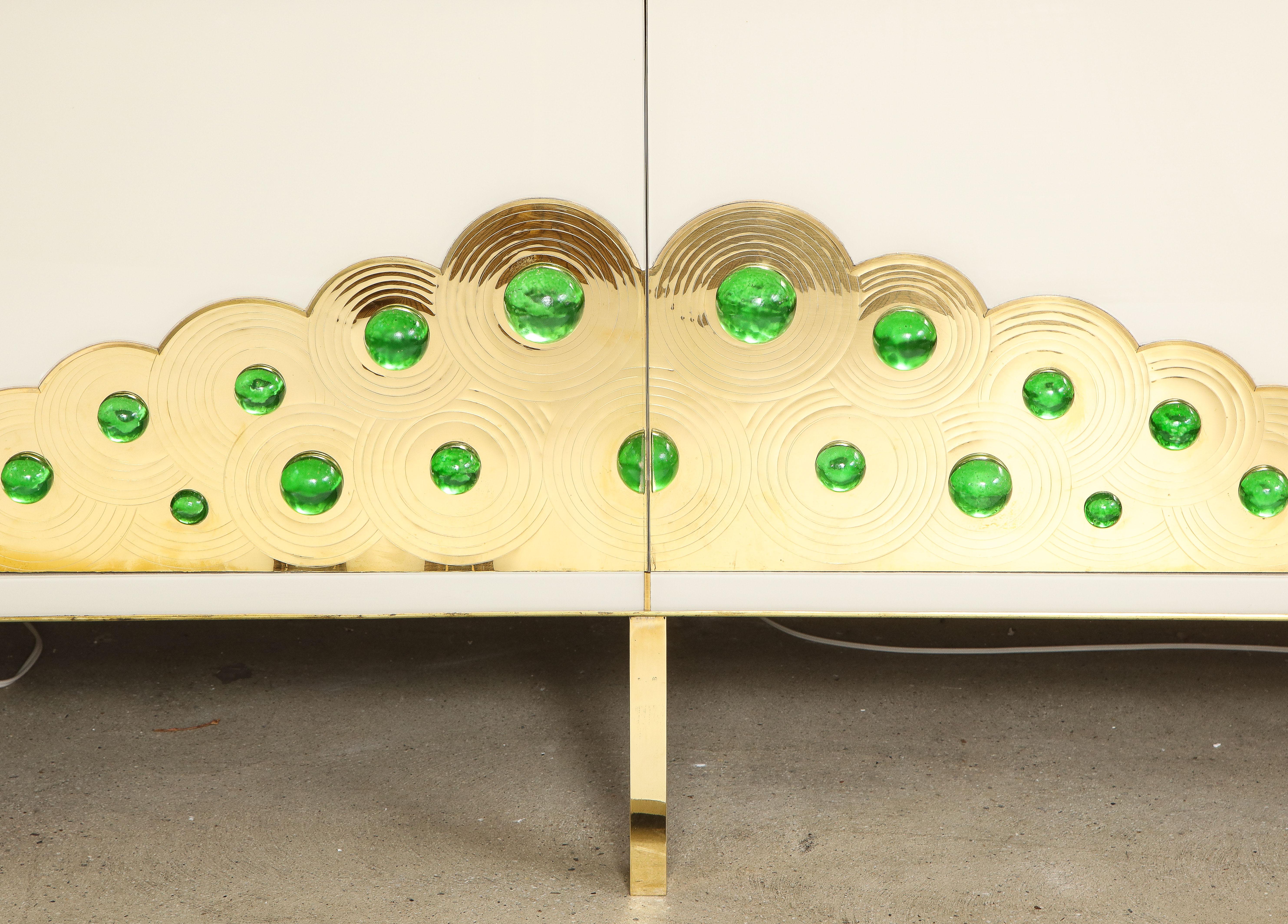 Ivory Glass and Brass Sideboard with Emerald Green Murano Glass Spheres, Italy 1