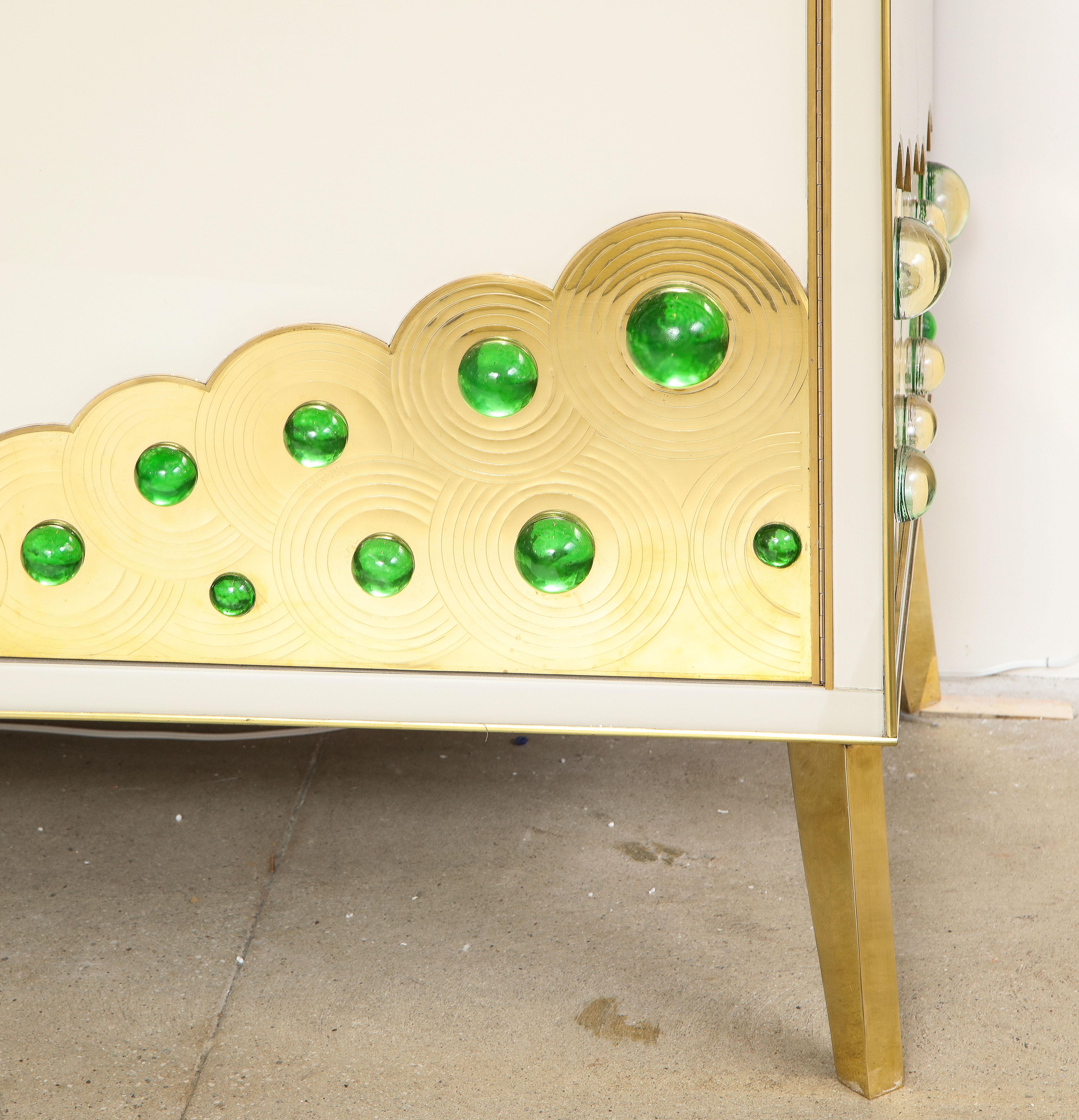 Ivory Glass and Brass Sideboard with Emerald Green Murano Glass Spheres, Italy 2