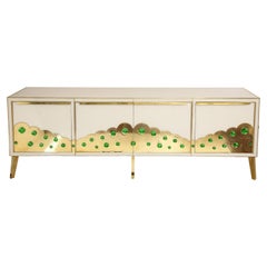 Sideboard aus elfenbeinfarbenem Glas und Messing mit smaragdgrünen Murano-Glaskugeln, Italien
