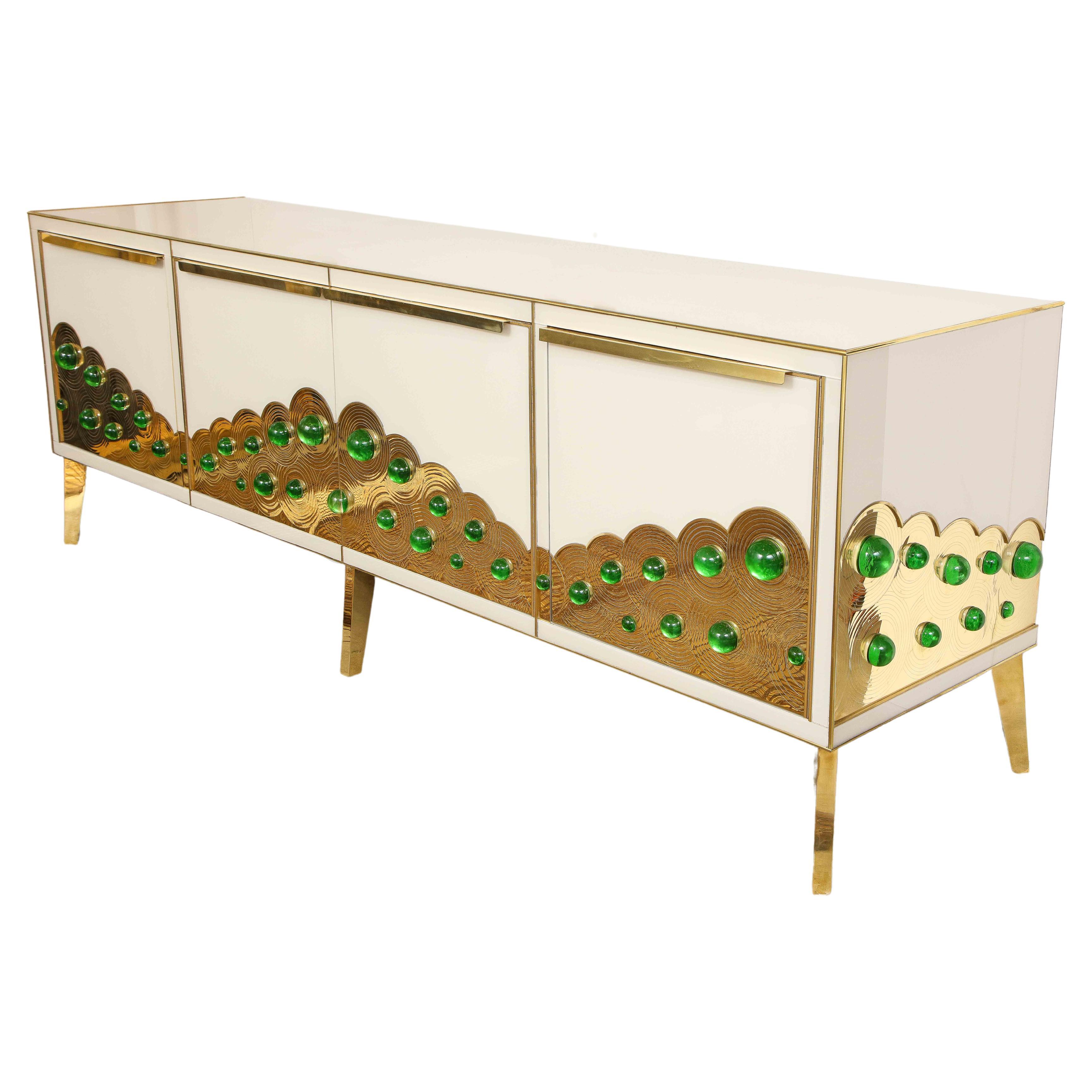 Italian Ivory Glass and Brass Sideboard with Emerald Green Murano Glass Spheres, Italy