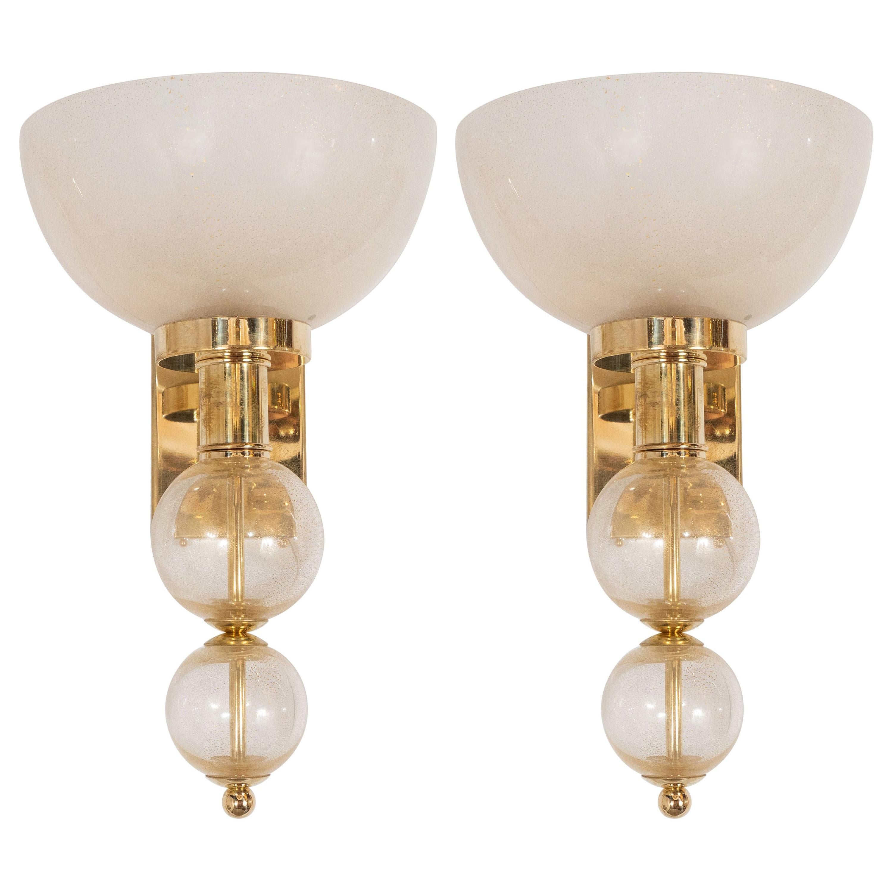 Pair of Ivory Glass and Gold Spheres Murano Glass and Brass Sconces, Italy