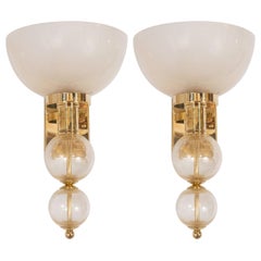Pair of Ivory Glass and Gold Spheres Murano Glass and Brass Sconces, Italy
