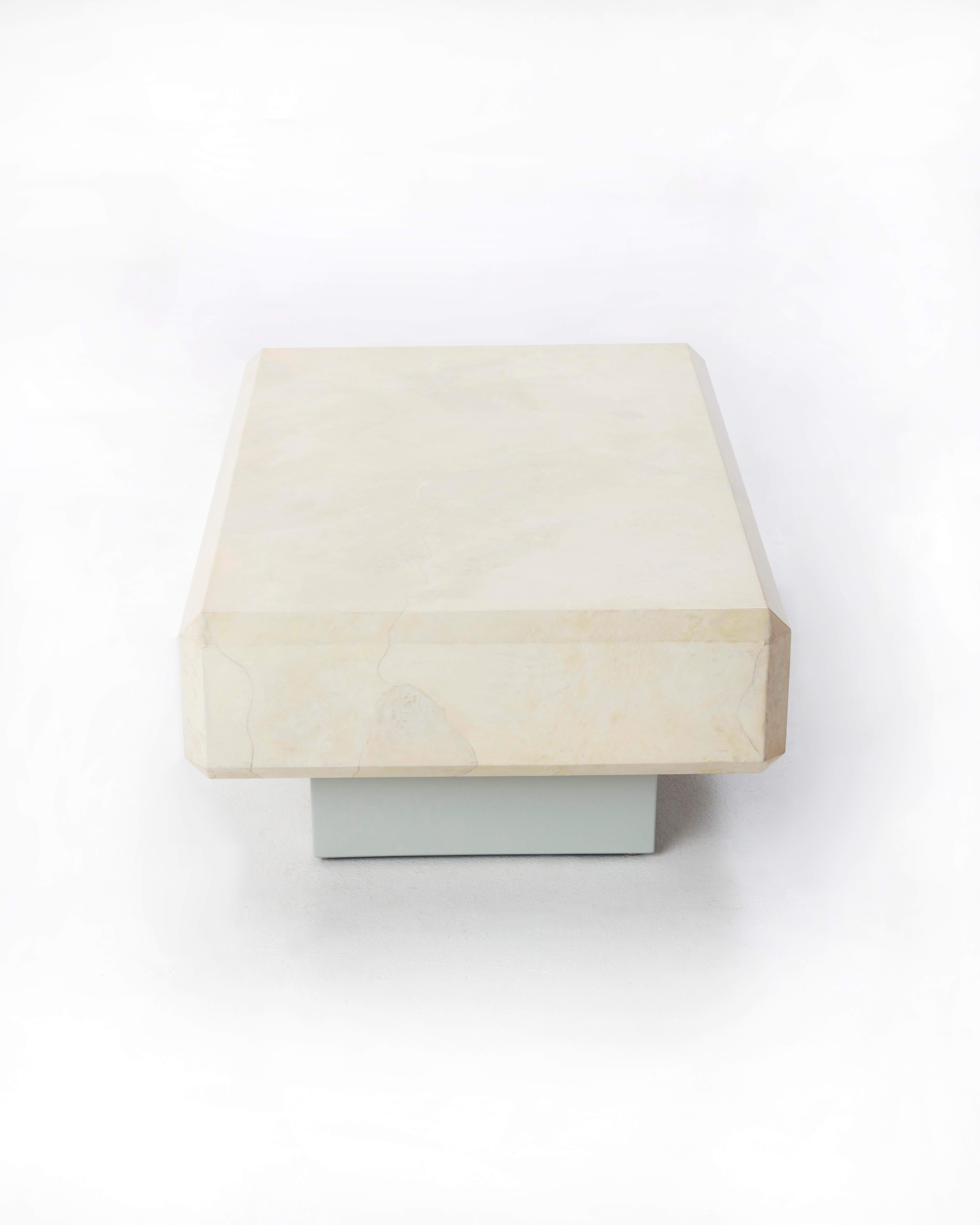 Art Deco Ivory Goatskin Parchment Coffee Table by Karl Springer with an Inlay Base For Sale