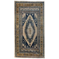 Ivory, Gold and Blue Handmade Wool Turkish Old Anatolian Konya Distressed Rug