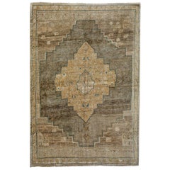 Ivory, Gold and Brown Handmade Wool Turkish Old Anatolian Konya Distressed Rug