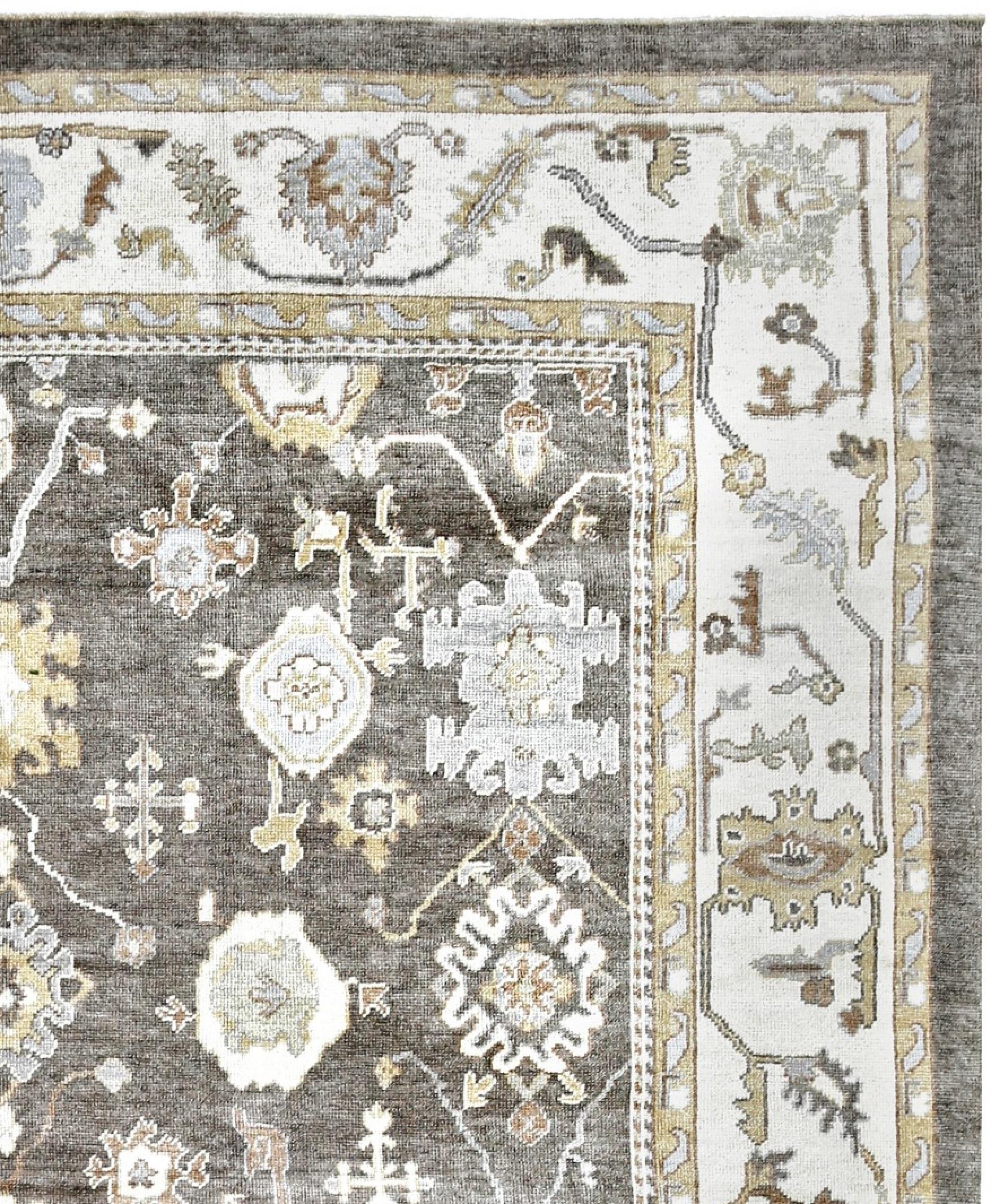 Hand-Knotted Ivory, Gold and Gray Contemporary Handmade Wool Turkish Oushak Rug For Sale