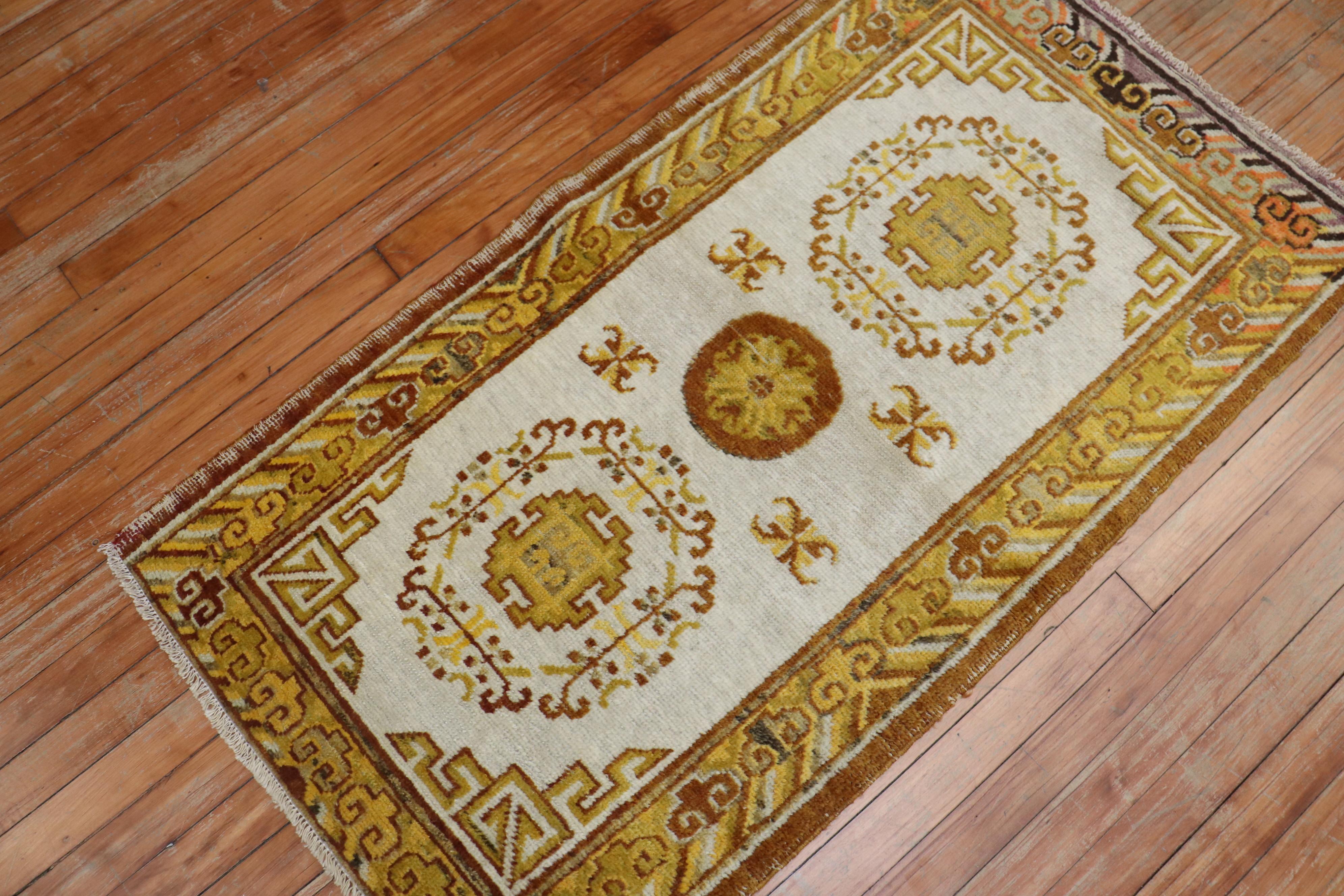 20th Century Ivory Gold Antique Khotan Scatter Rug For Sale