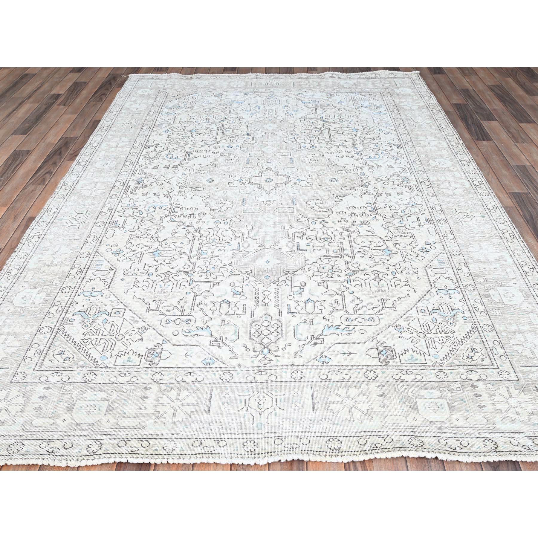 Hand-Knotted Ivory Good Cond Old Persian Tabriz Geometric Medallion Even Wear Clean Wool Rug For Sale
