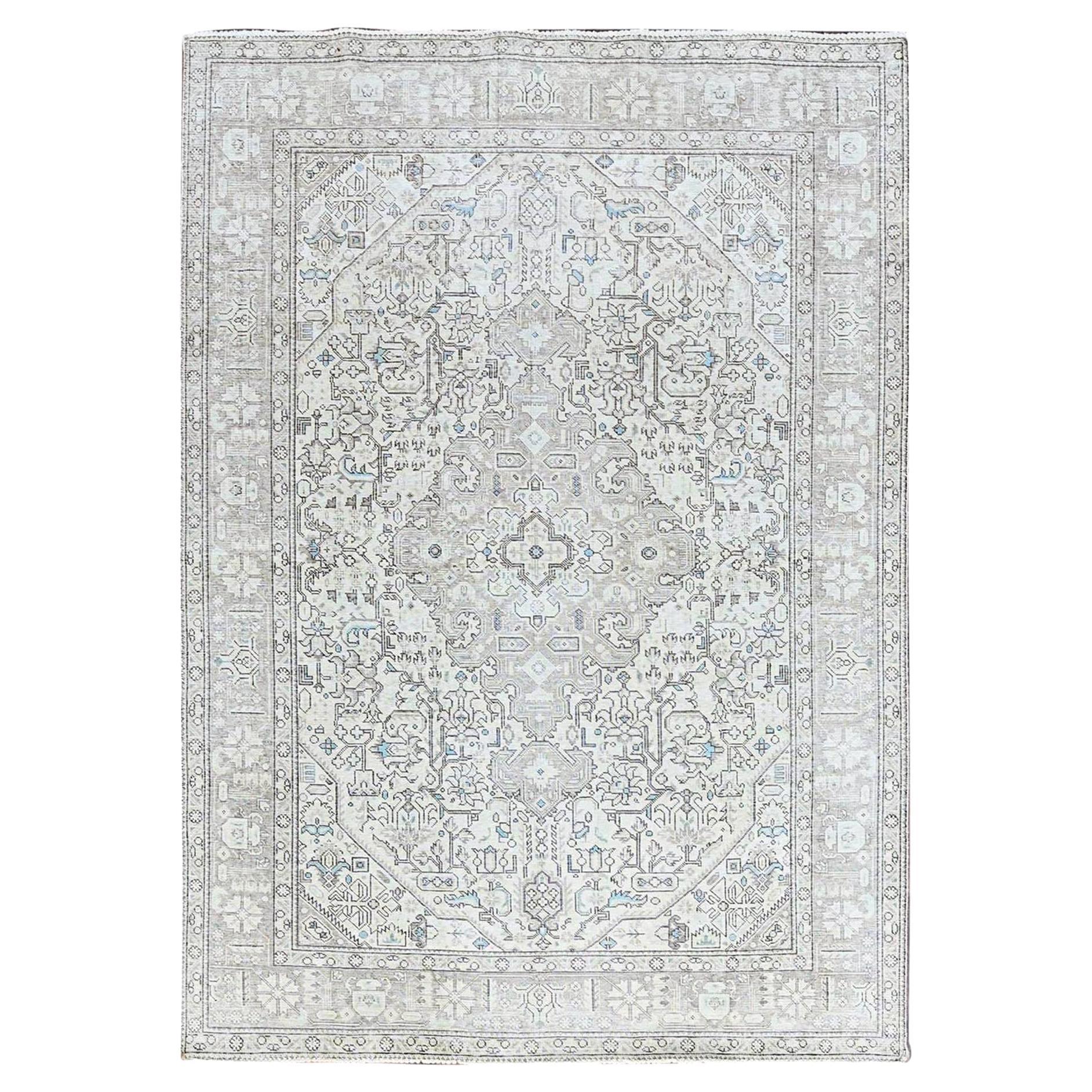 Ivory Good Cond Old Persian Tabriz Geometric Medallion Even Wear Clean Wool Rug For Sale