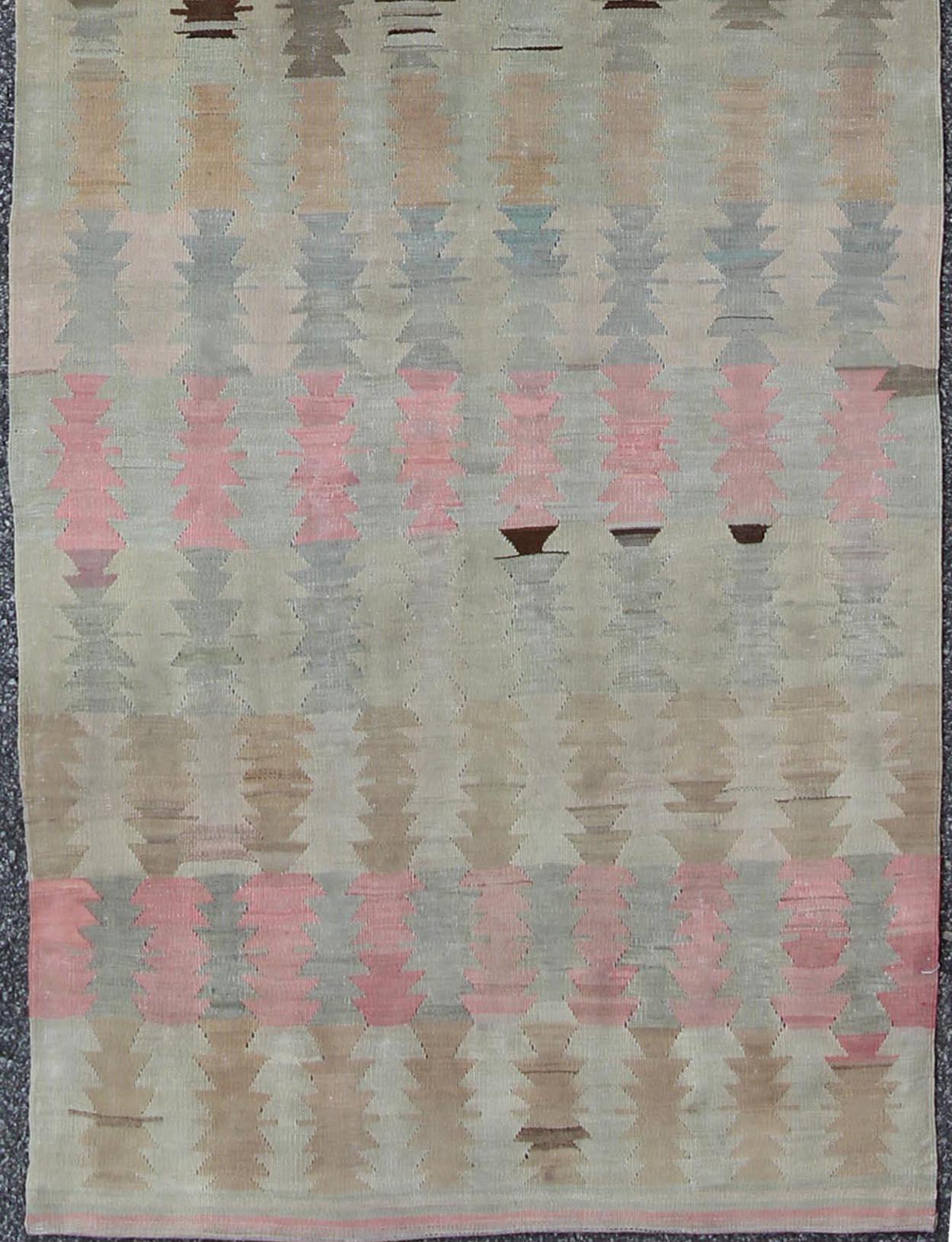 Ivory, Gray, Blue, and Blush Vintage Turkish Kilim Flat-Weave Long Runner In Good Condition For Sale In Atlanta, GA