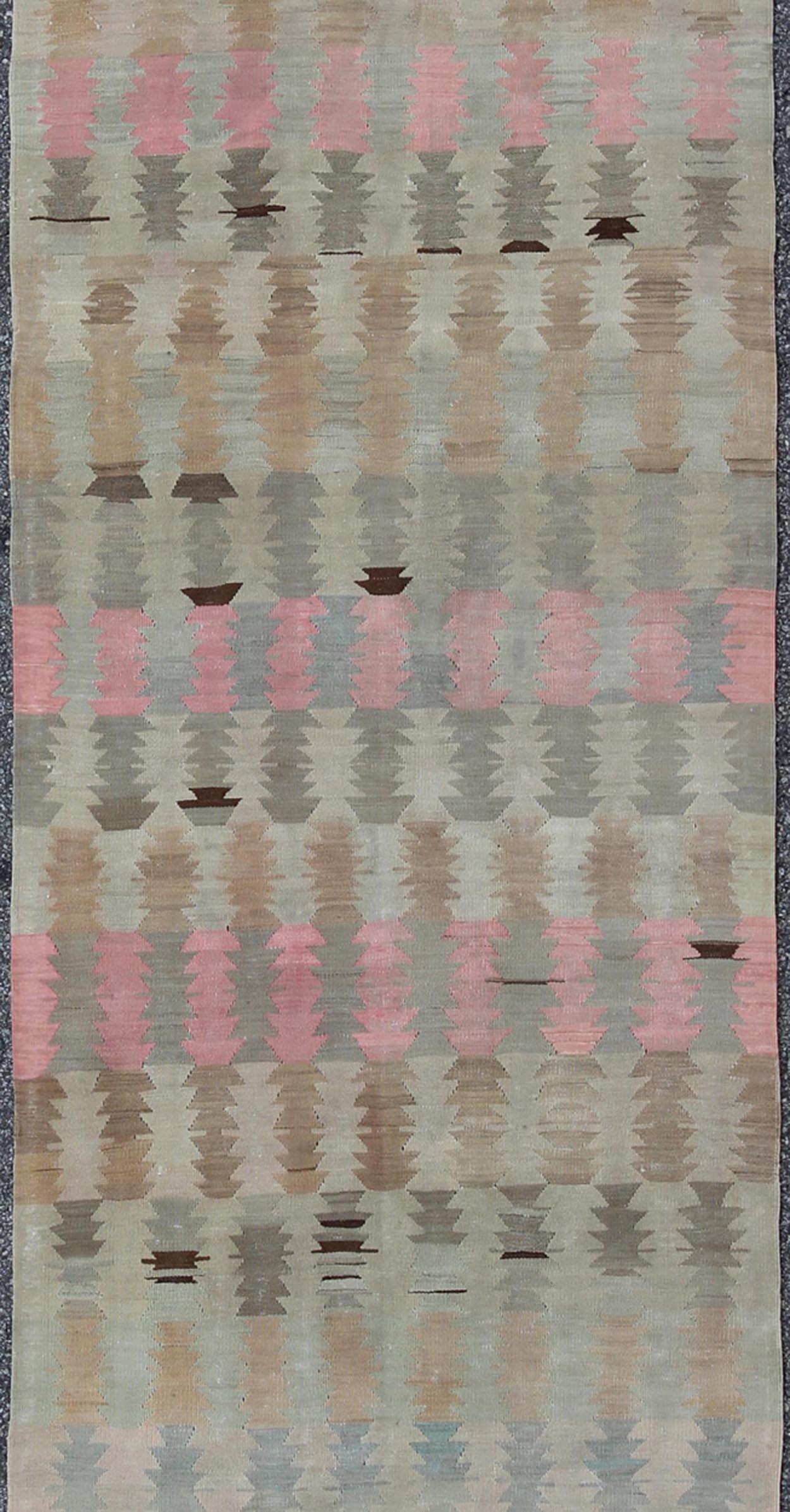 20th Century Ivory, Gray, Blue, and Blush Vintage Turkish Kilim Flat-Weave Long Runner For Sale