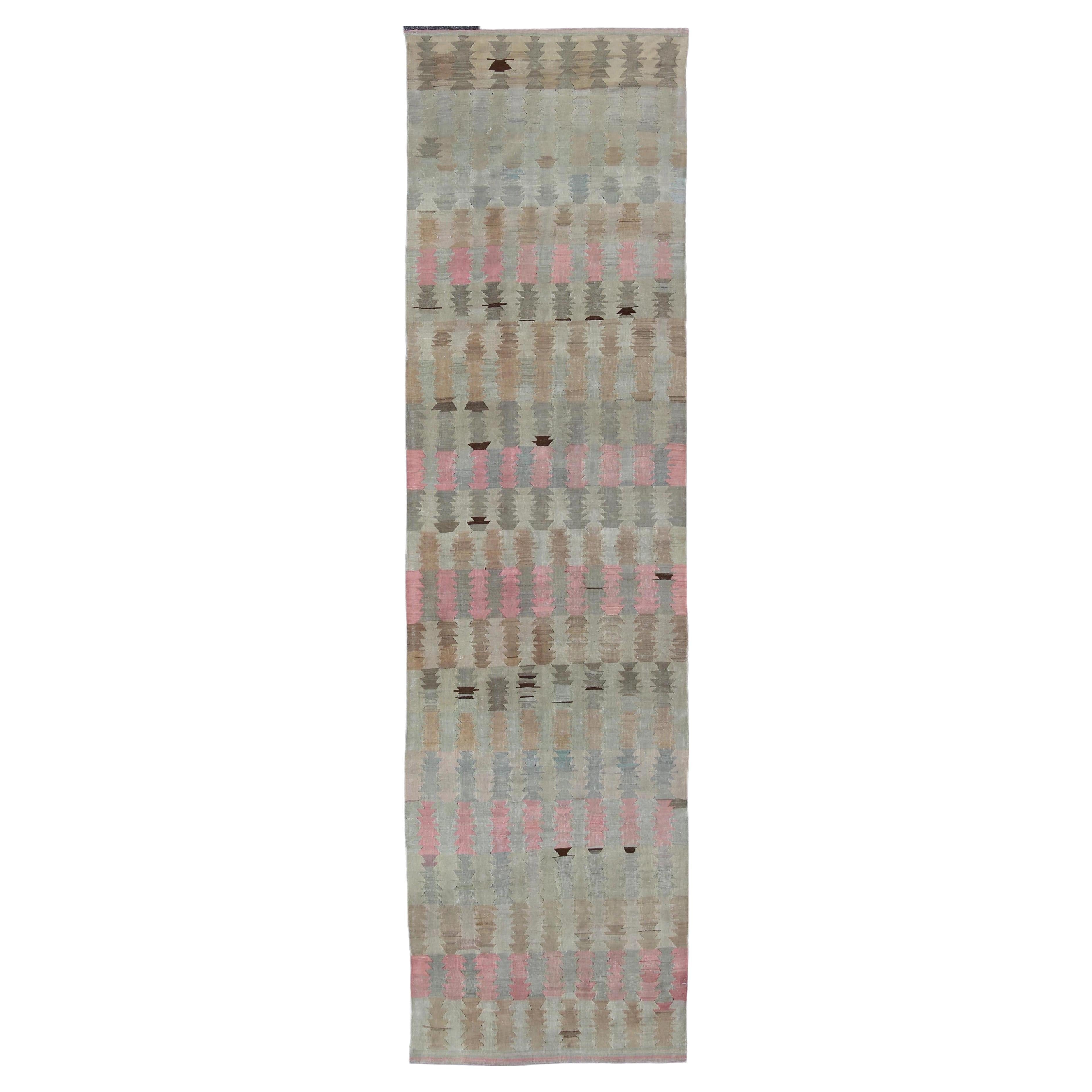 Ivory, Gray, Blue, and Blush Vintage Turkish Kilim Flat-Weave Long Runner For Sale