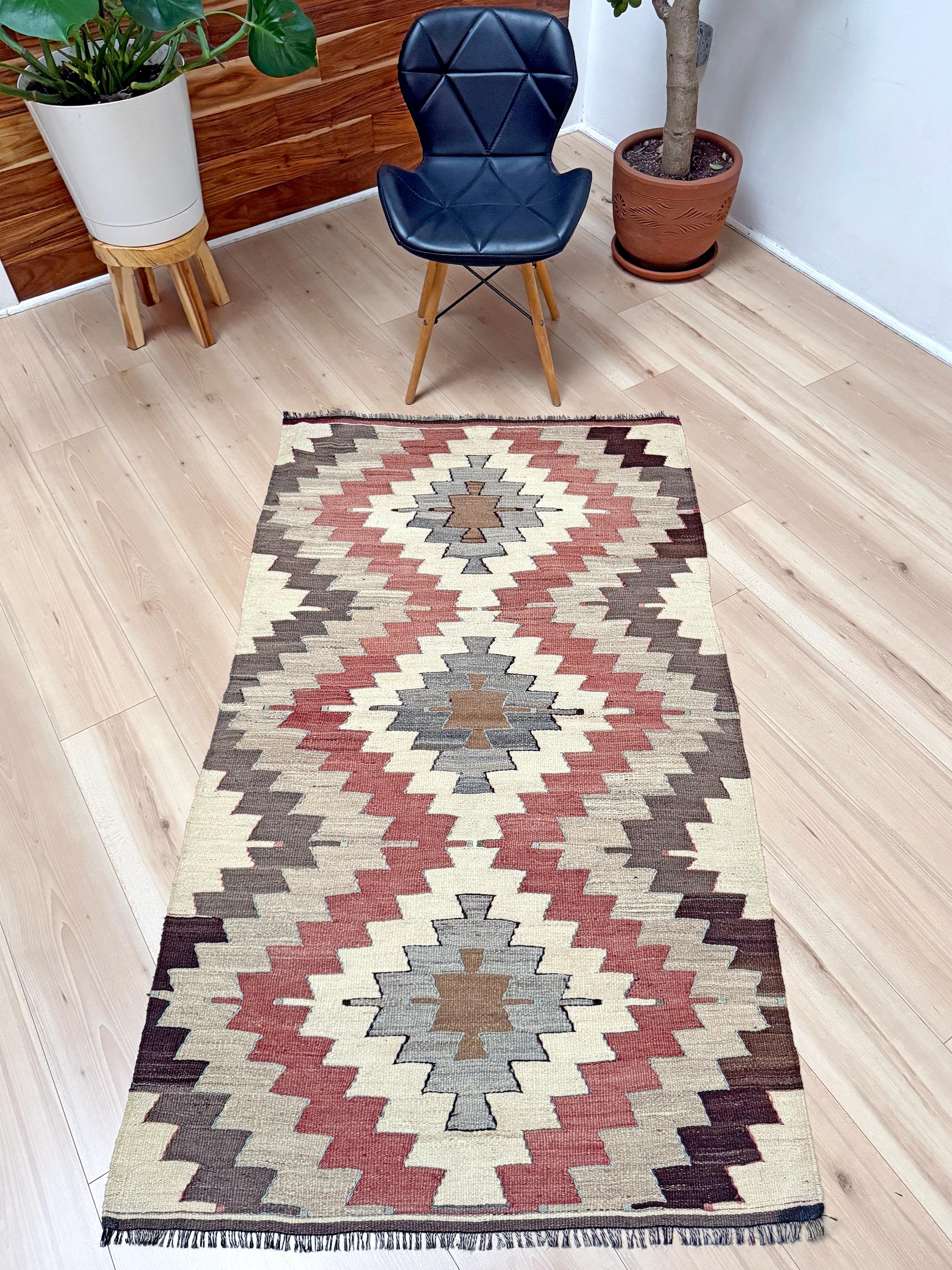 Turco Kilim mut avorio e grigio - Tappeto tribale turco a tessitura piatta in stile Navajo (3'x6') in vendita
