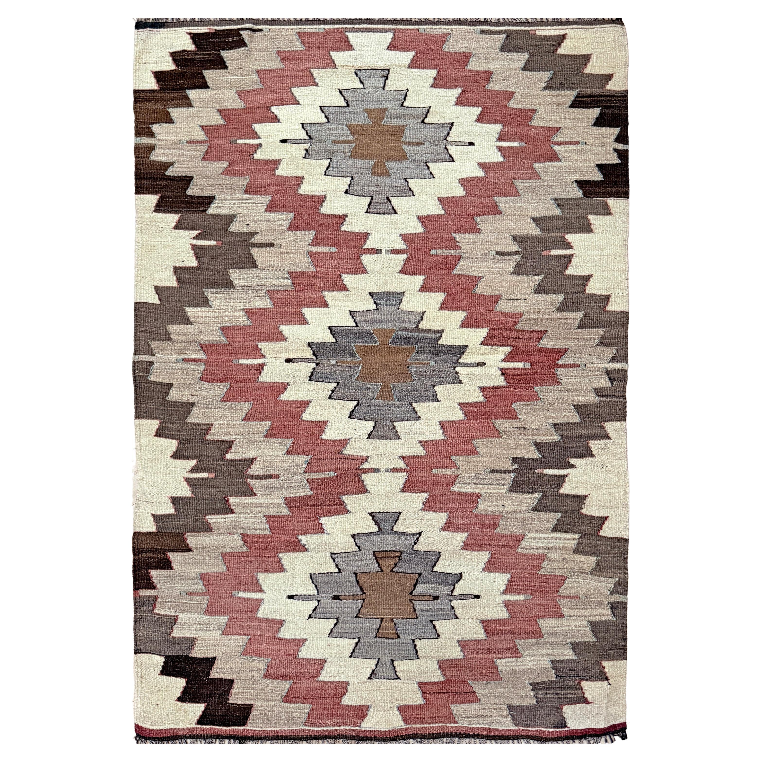 Elfenbeinfarbener
grauer Mut-Kilim - • Türkischer Flachgewebe-Teppich im Navajo-Stil (3
x6
)