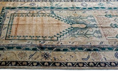 Ivory, Green and Beige Handmade Wool Turkish Old Anatolian Konya Distressed Rug