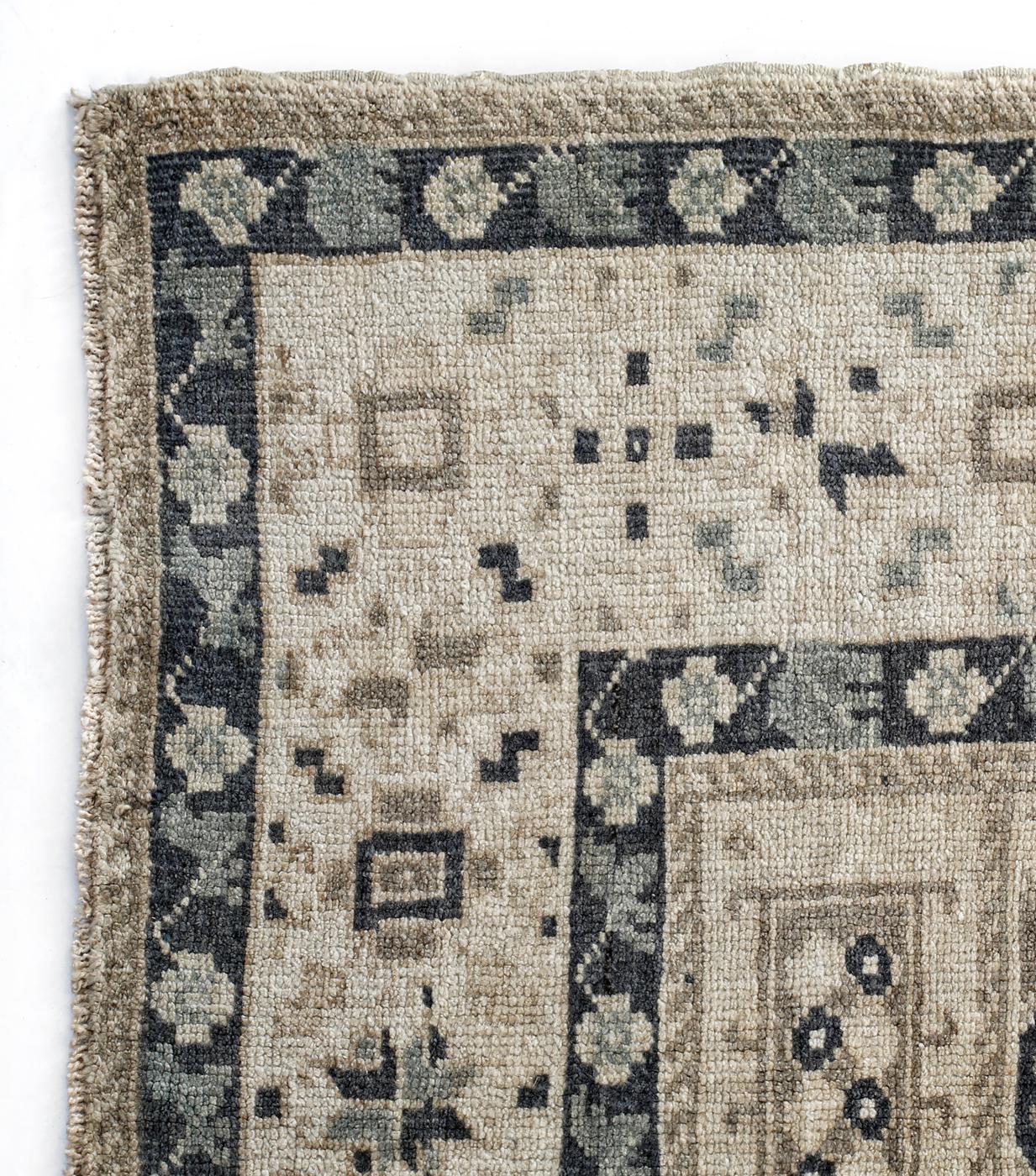 Oushak Ivory, Green and Beige Handmade Wool Turkish Old Anatolian Konya Distressed Rug For Sale