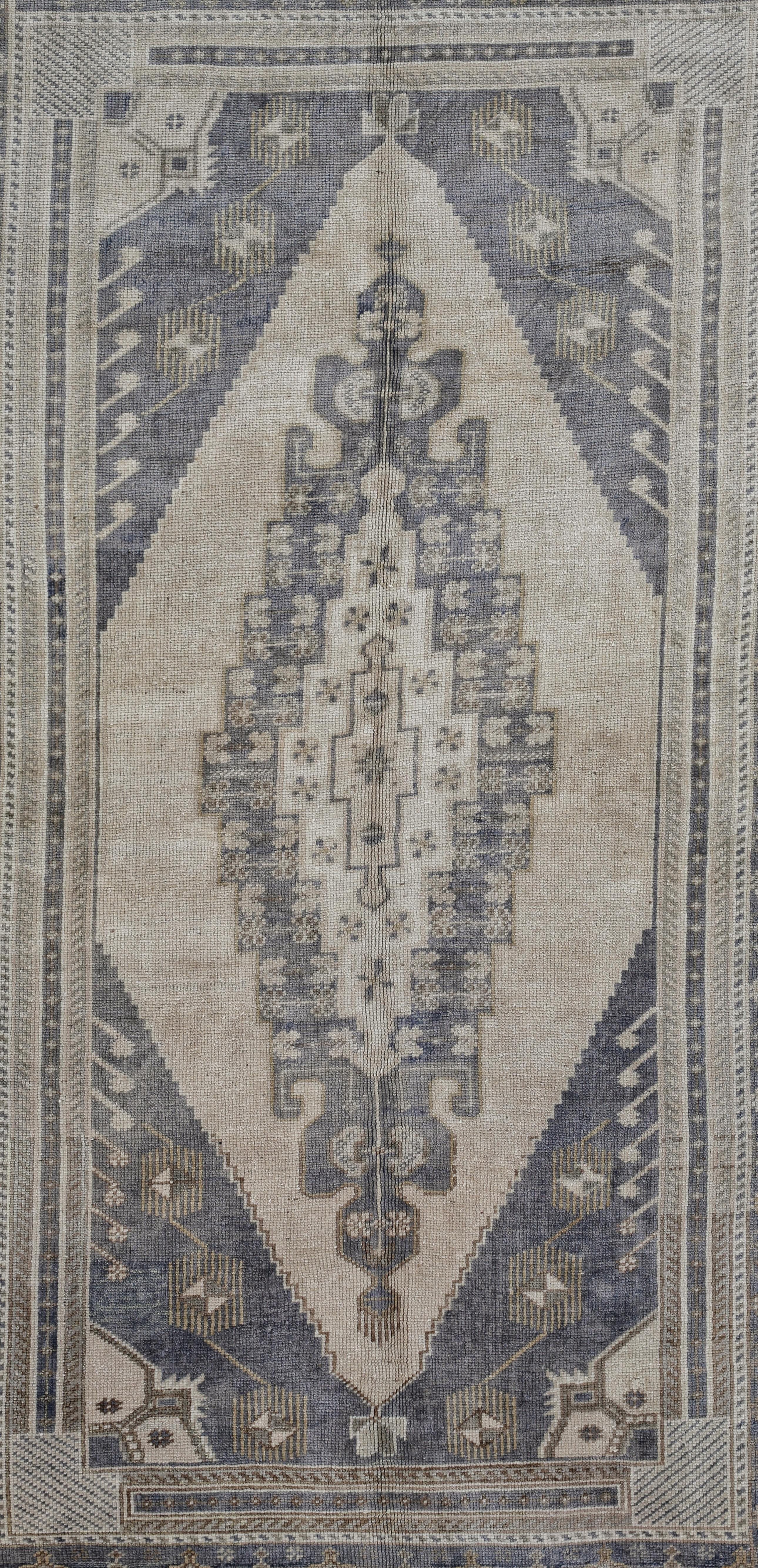 Hand-Knotted Ivory, Green and Beige Handmade Wool Turkish Old Anatolian Konya Distressed Rug For Sale