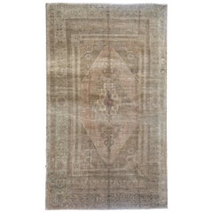 Ivory, Green and Beige Handmade Wool Turkish Old Anatolian Konya Distressed Rug