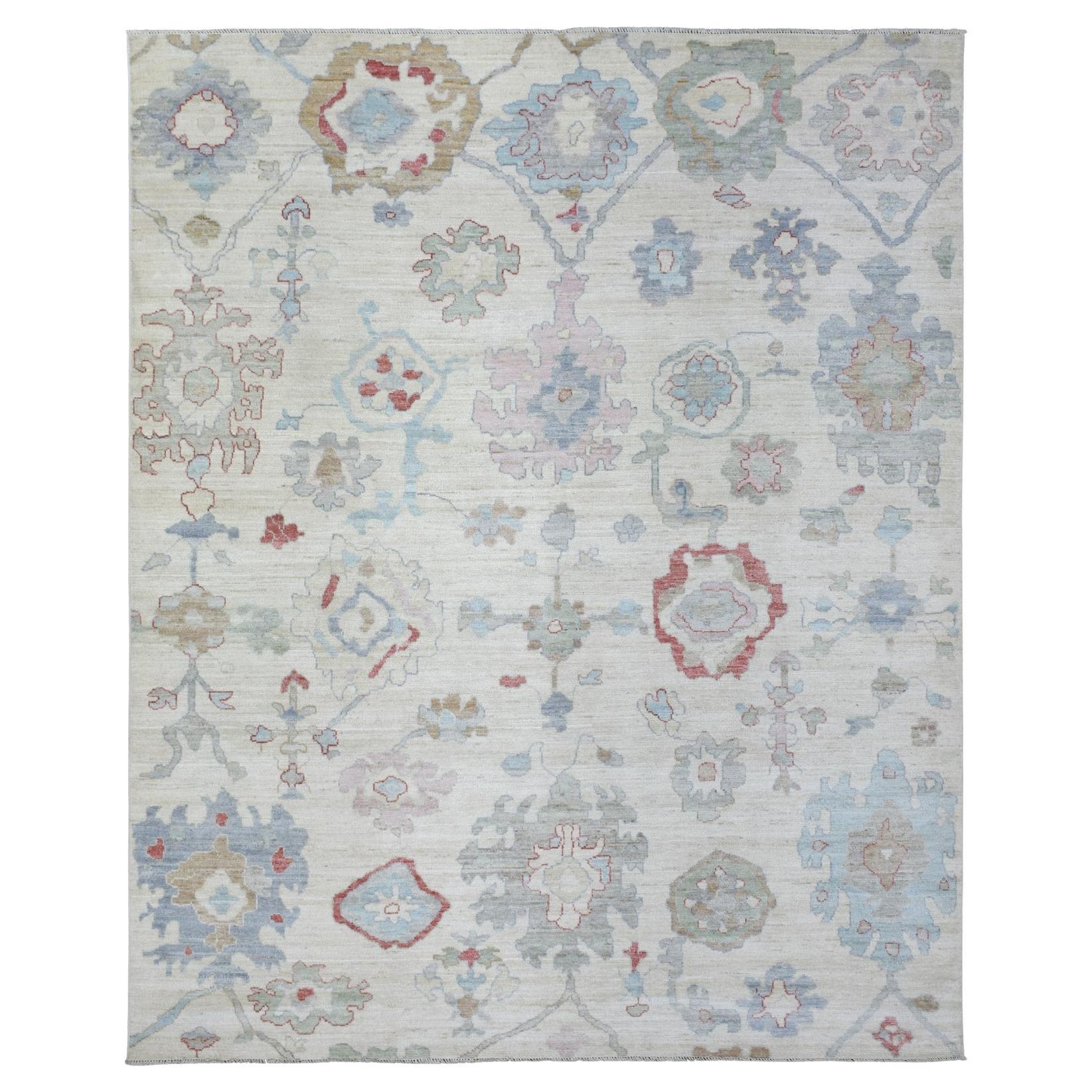 Alfombra afgana de angora oushak sin bordes de pura lana anudada a mano marfil 8'2" x 10'0"