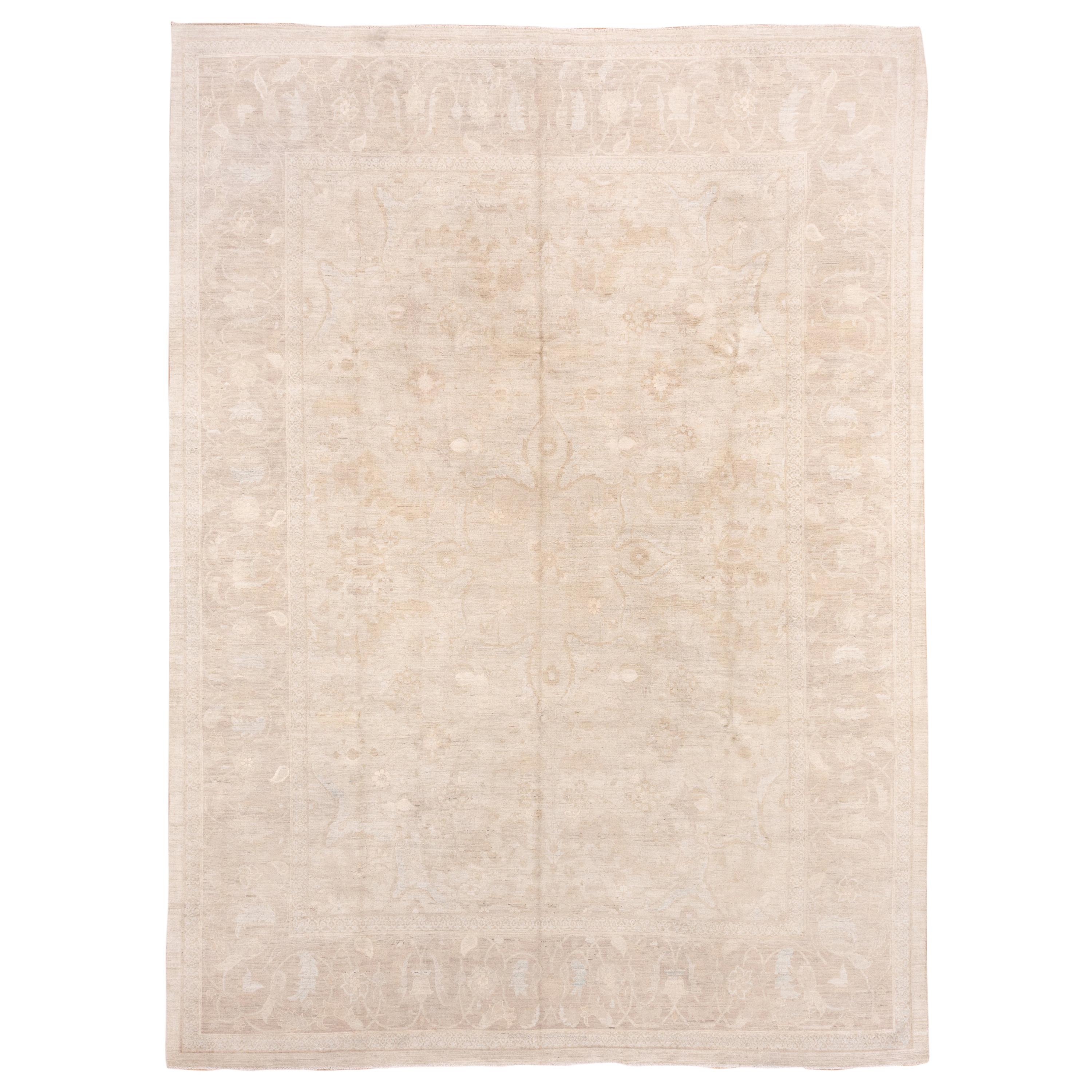 Ivory Hand Knotted Afghan Carpet, Wool and Silk