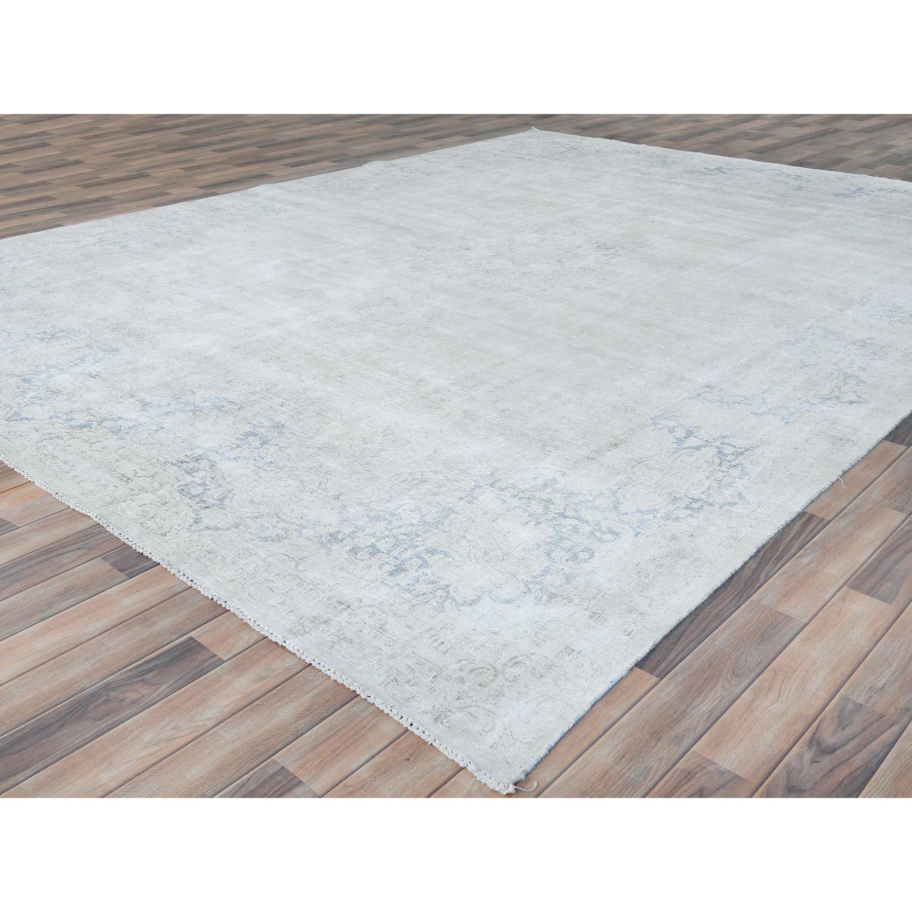 Hand-Knotted Ivory Hand Knotted Cropped Thin Old Persian Kerman Worn Wool Distressed Rug For Sale