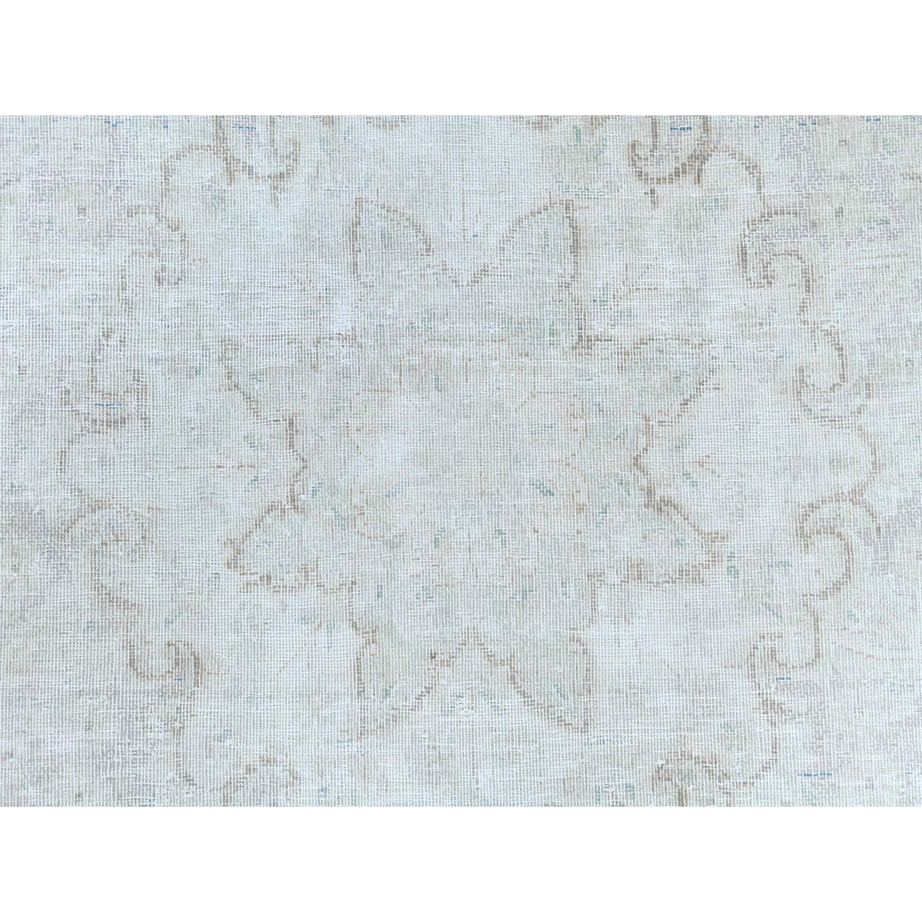 Ivory Hand Knotted Cropped Thin Old Persian Kerman Worn Wool Distressed Rug For Sale 3