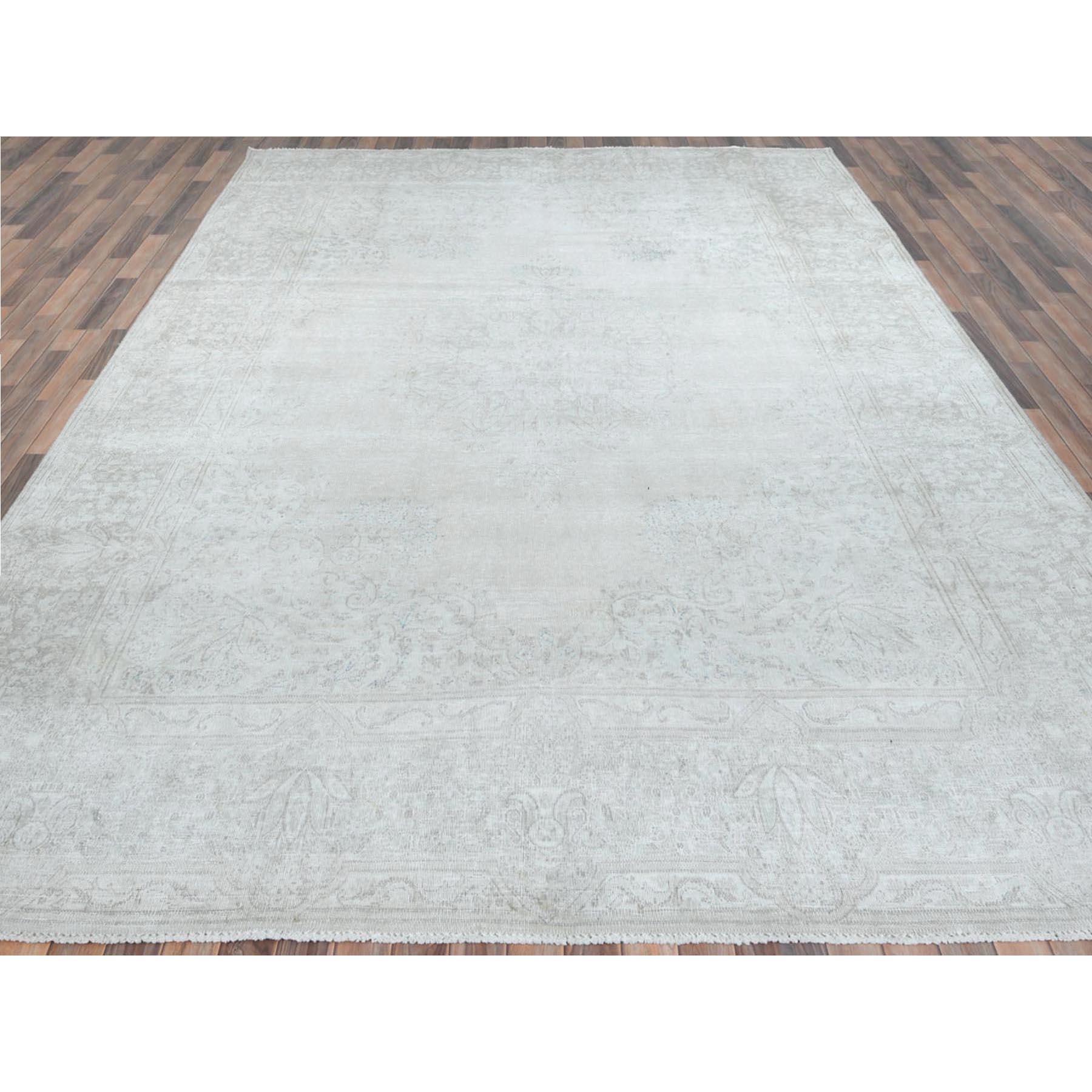 Medieval Ivory Hand Knotted Cropped Thin Worn Wool Distressed Look Old Persian Kerman Rug For Sale