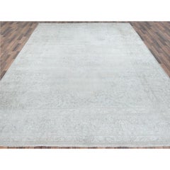 Ivory Hand Knotted Cropped Thin Worn Wool Rustic Look Old Zoroastrian Karman Rug