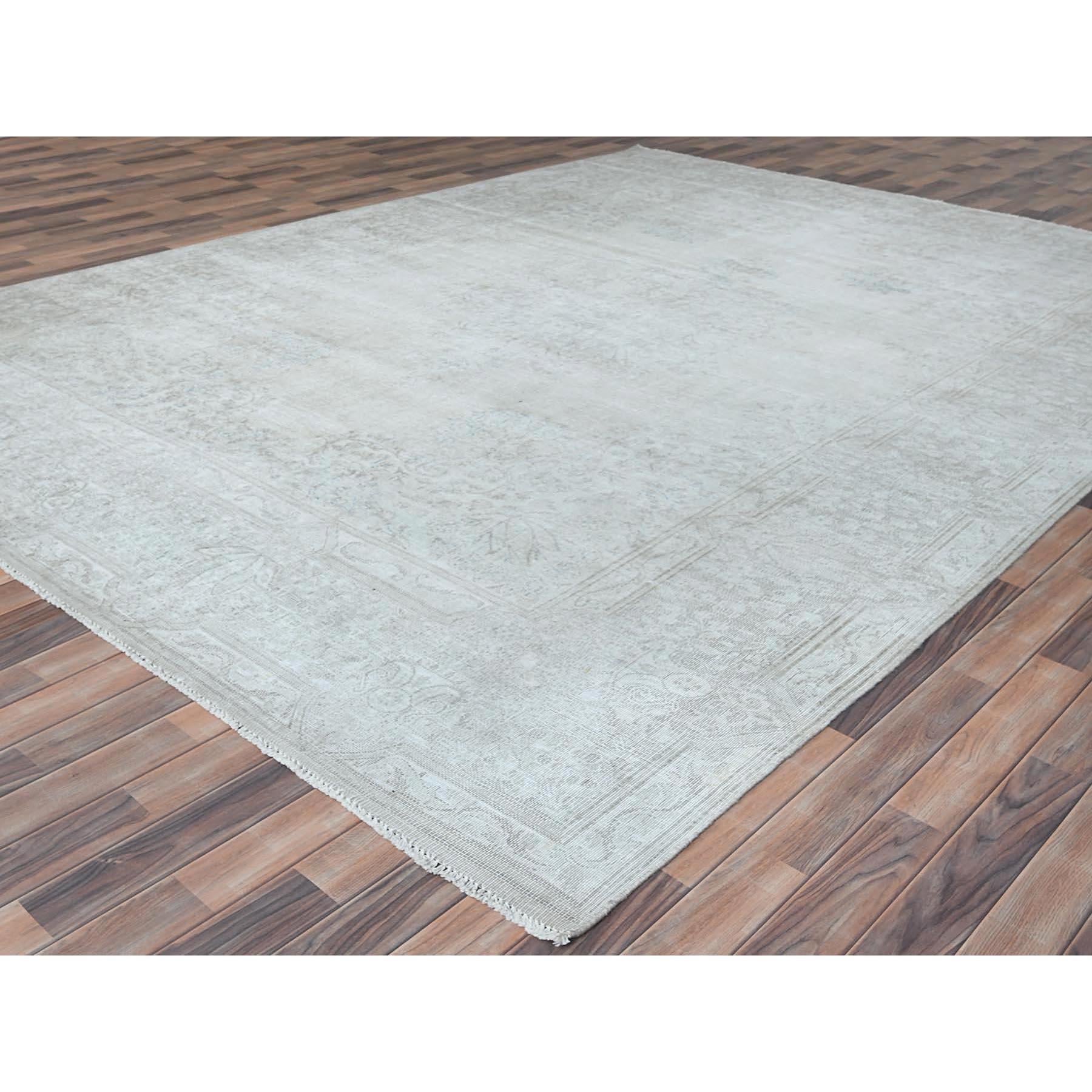 Hand-Knotted Ivory Hand Knotted Cropped Thin Worn Wool Distressed Look Old Persian Kerman Rug For Sale