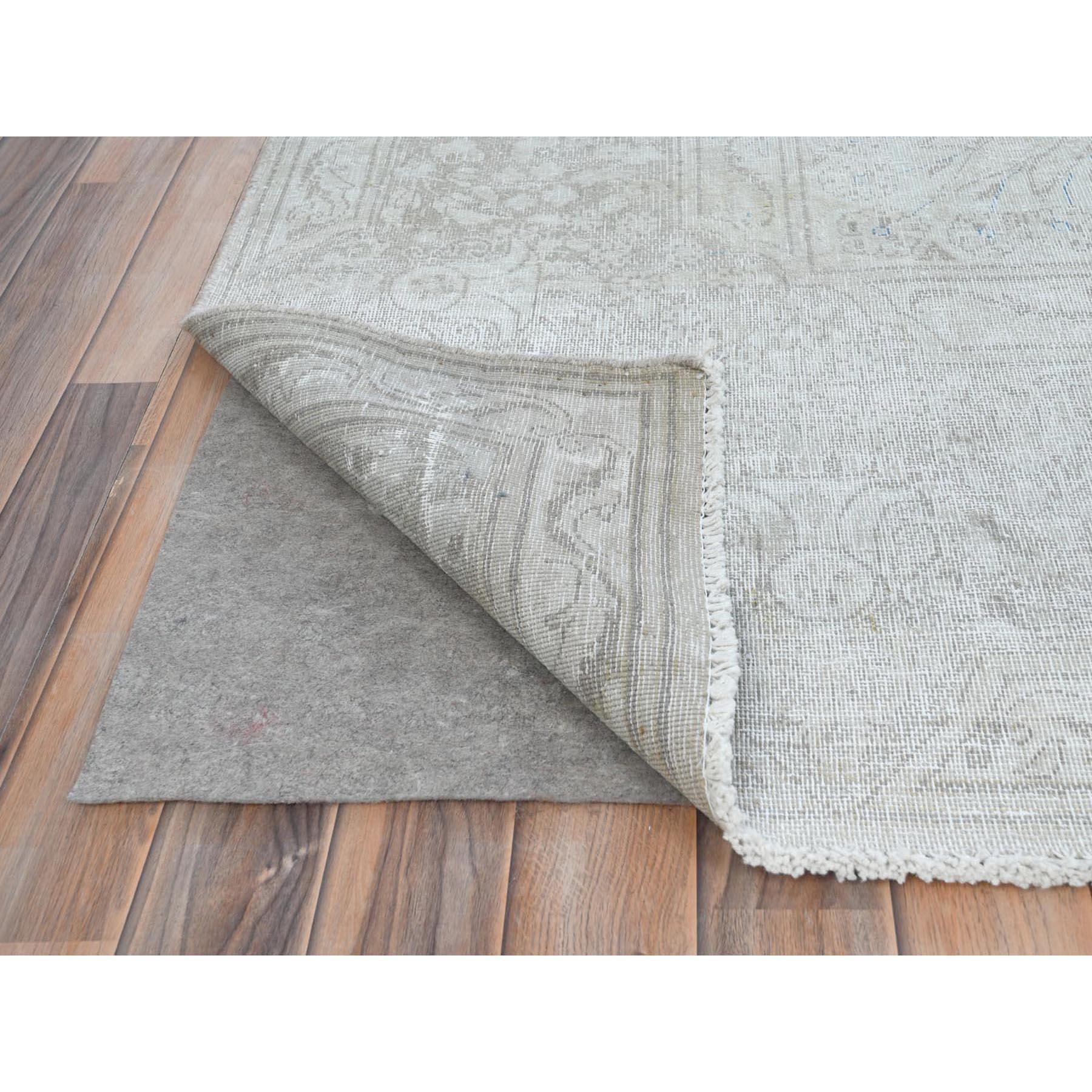 Ivory Hand Knotted Cropped Thin Worn Wool Distressed Look Old Persian Kerman Rug In Good Condition For Sale In Carlstadt, NJ