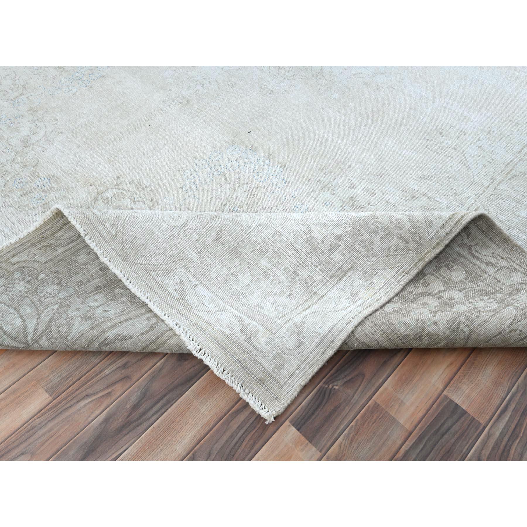 Ivory Hand Knotted Cropped Thin Worn Wool Distressed Look Old Persian Kerman Rug For Sale 1