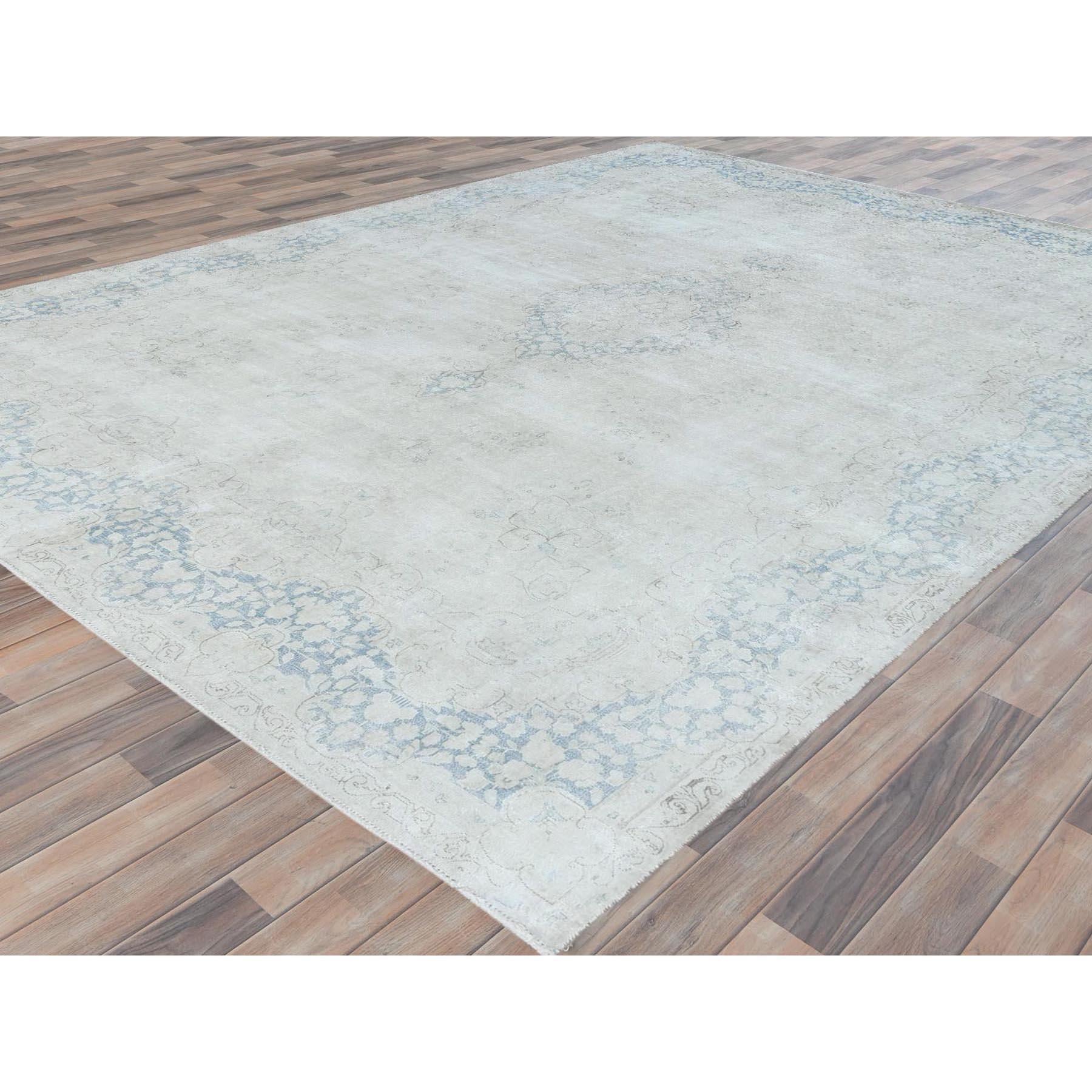 Hand-Knotted Ivory Hand Knotted Cropped Thin Worn Wool Old Persian Kerman Distressed Rug For Sale