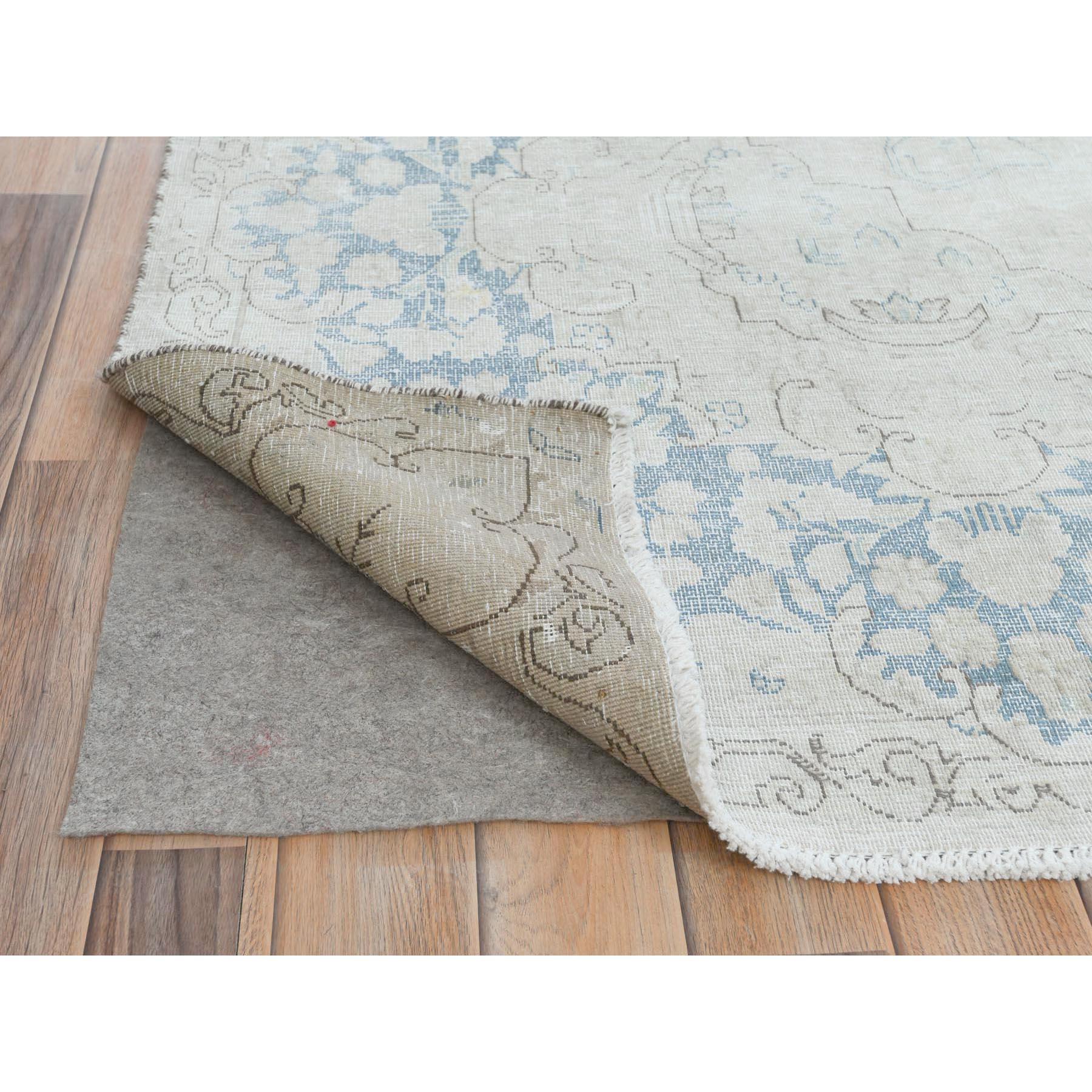 Ivory Hand Knotted Cropped Thin Worn Wool Old Persian Kerman Distressed Rug In Good Condition For Sale In Carlstadt, NJ