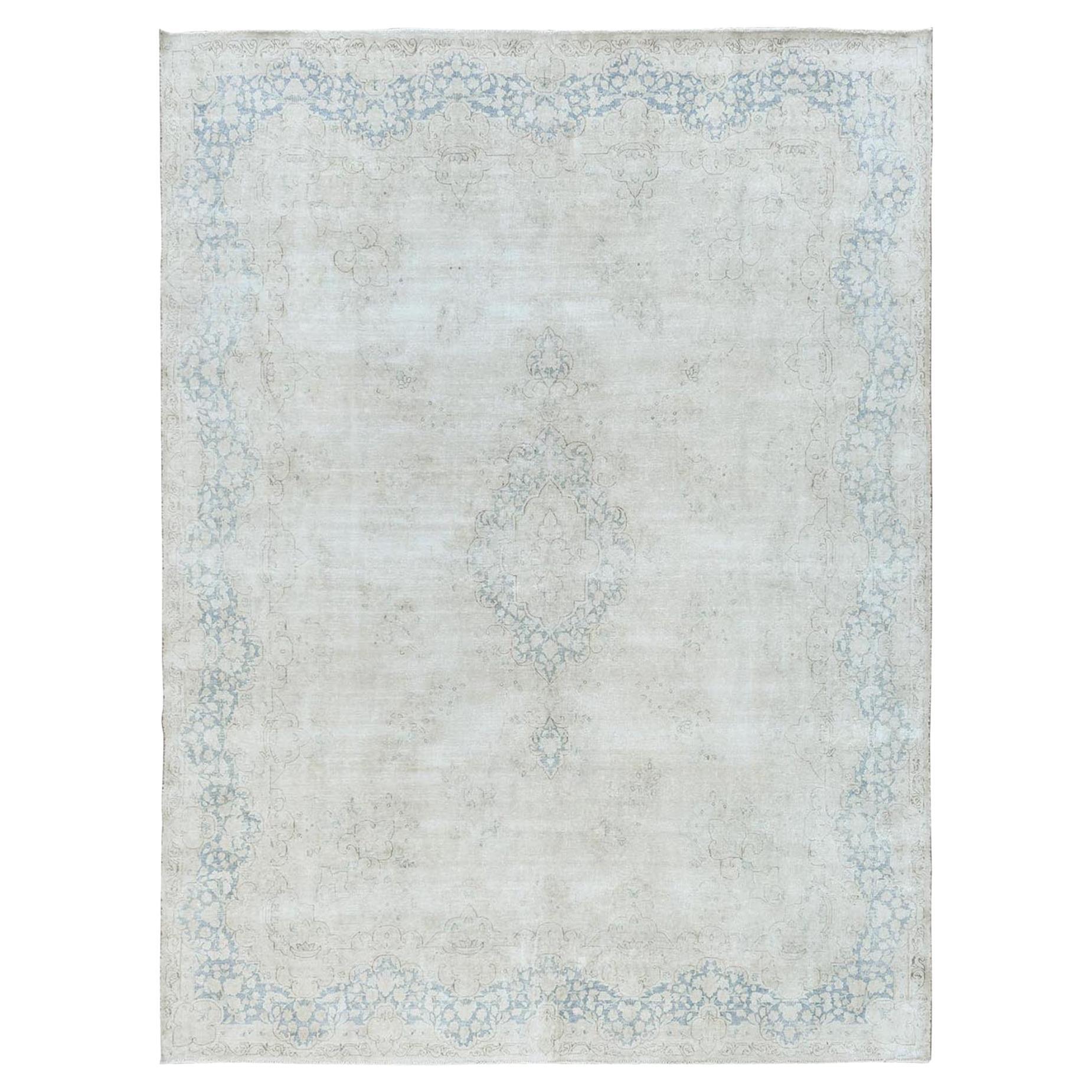 Ivory Hand Knotted Cropped Thin Worn Wool Old Persian Kerman Distressed Rug For Sale