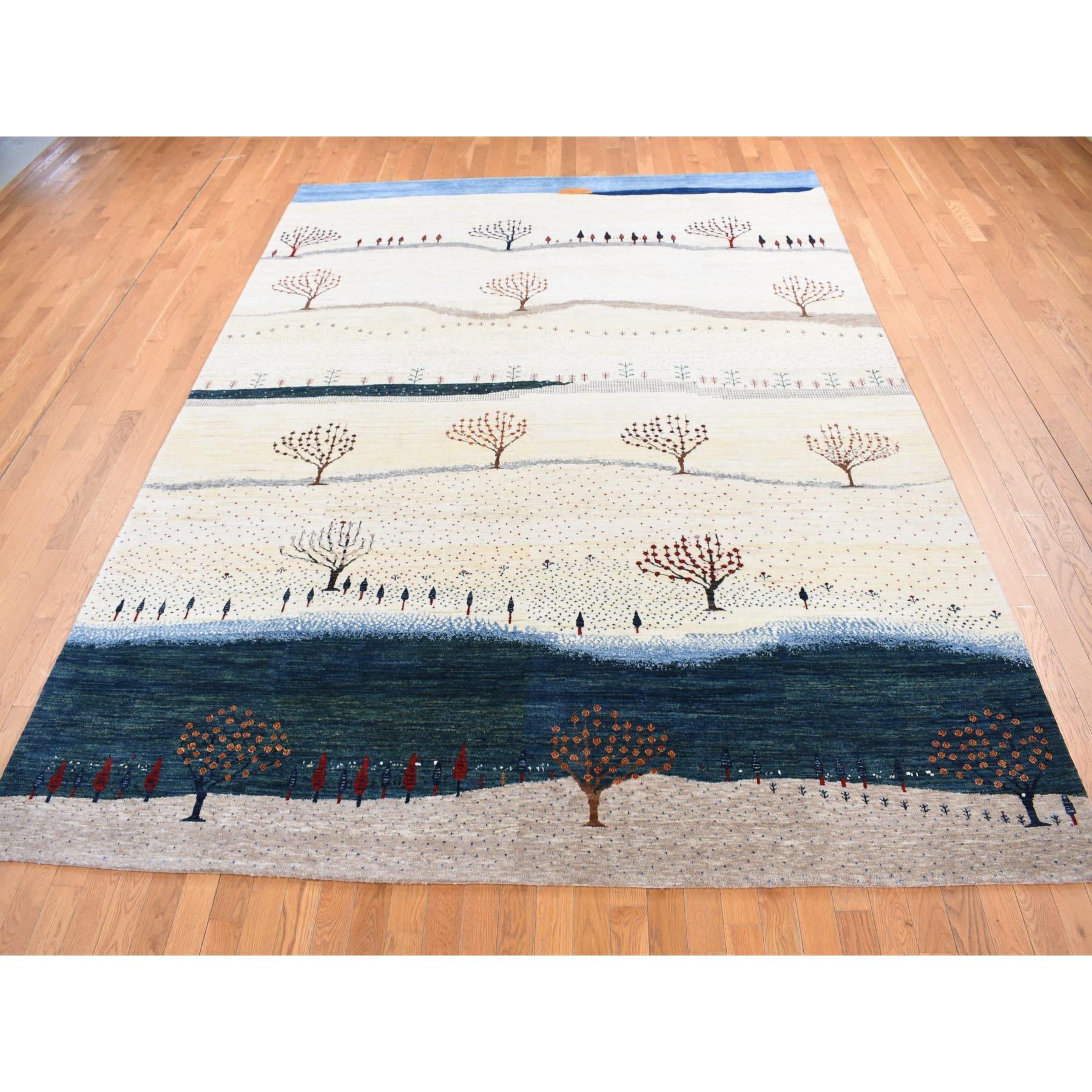 Folk Art Ivory Hand Knotted Modern Design Soft and Plush Wool Oriental Rug 9'0