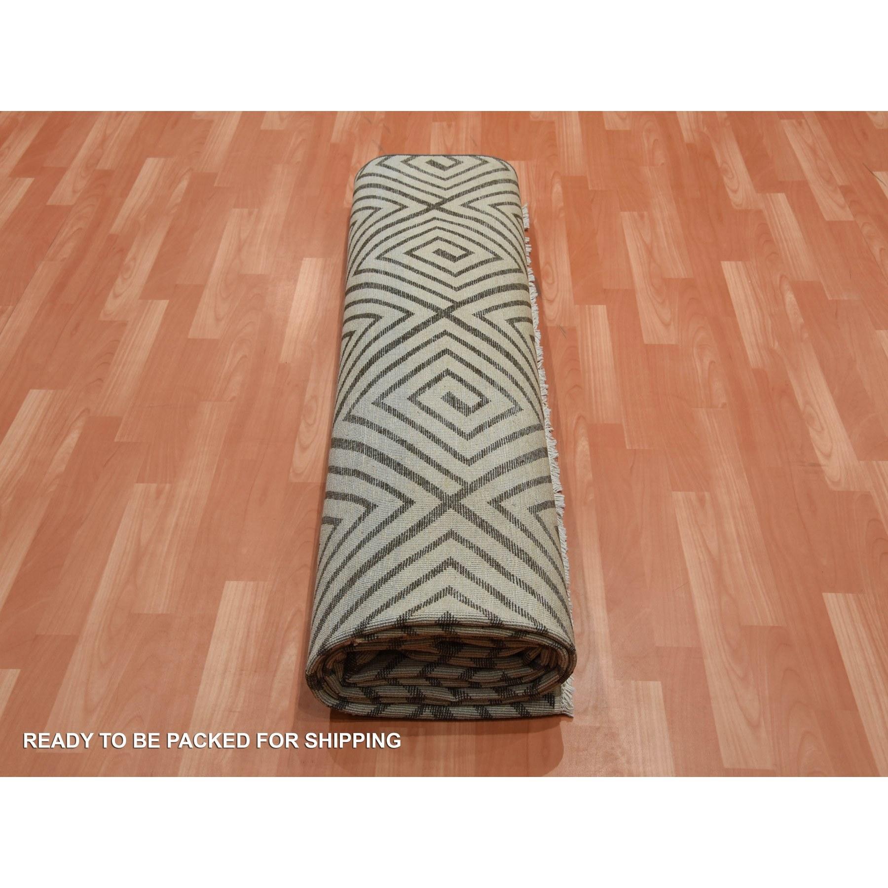 Ivory Hand Knotted Modern Roman Key Design Silk with Wool Rug 9'10