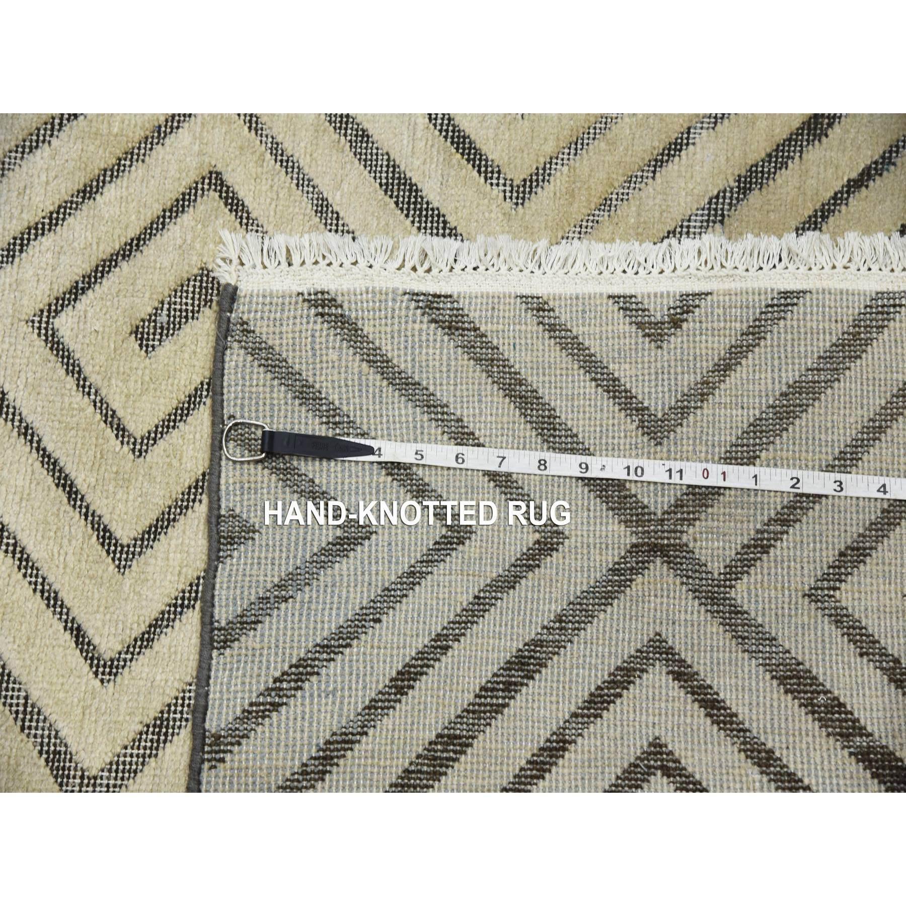 Ivory Hand Knotted Modern Roman Key Design Silk with Wool Rug 9'10