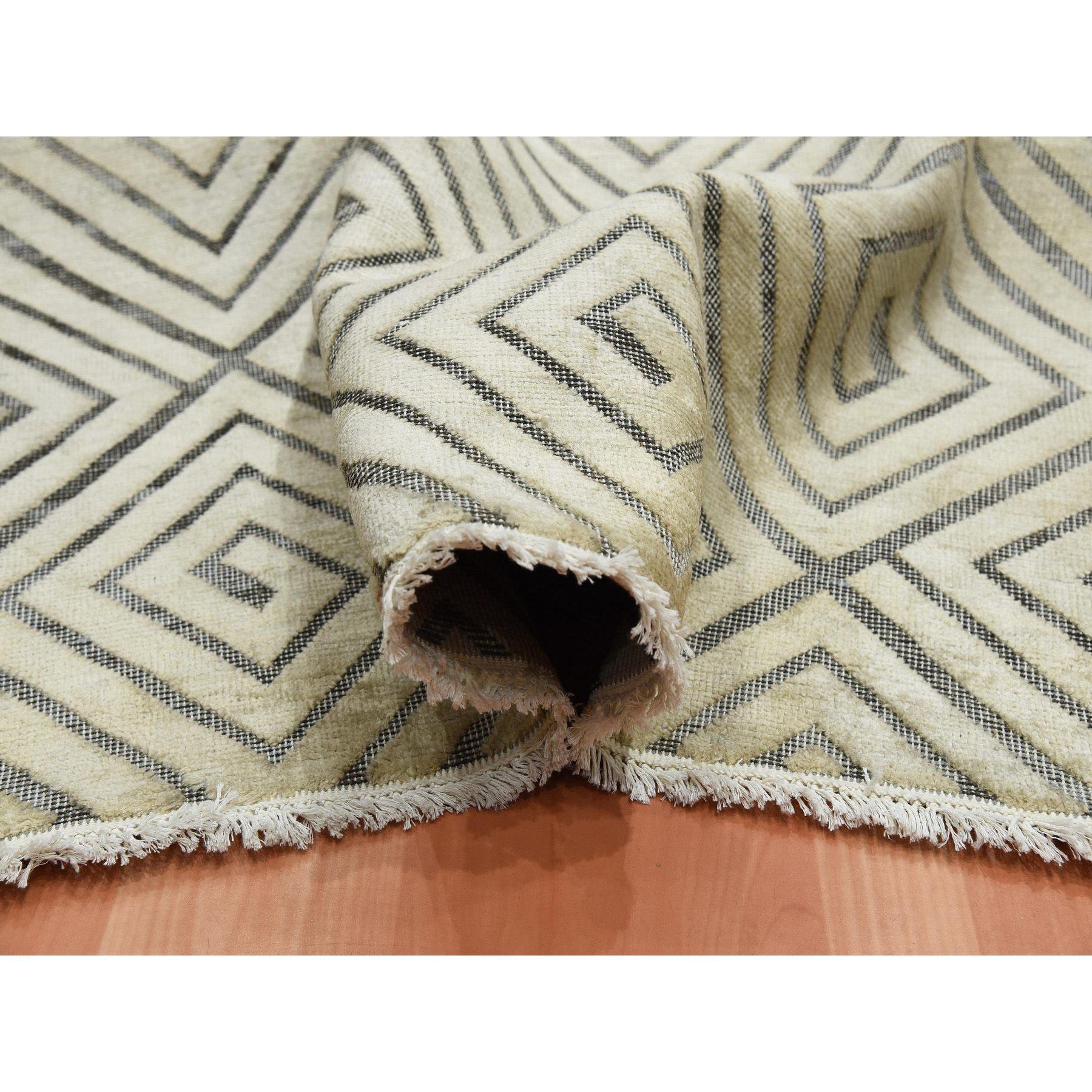 Contemporary Ivory Hand Knotted Modern Roman Key Design Silk with Wool Rug 9'10