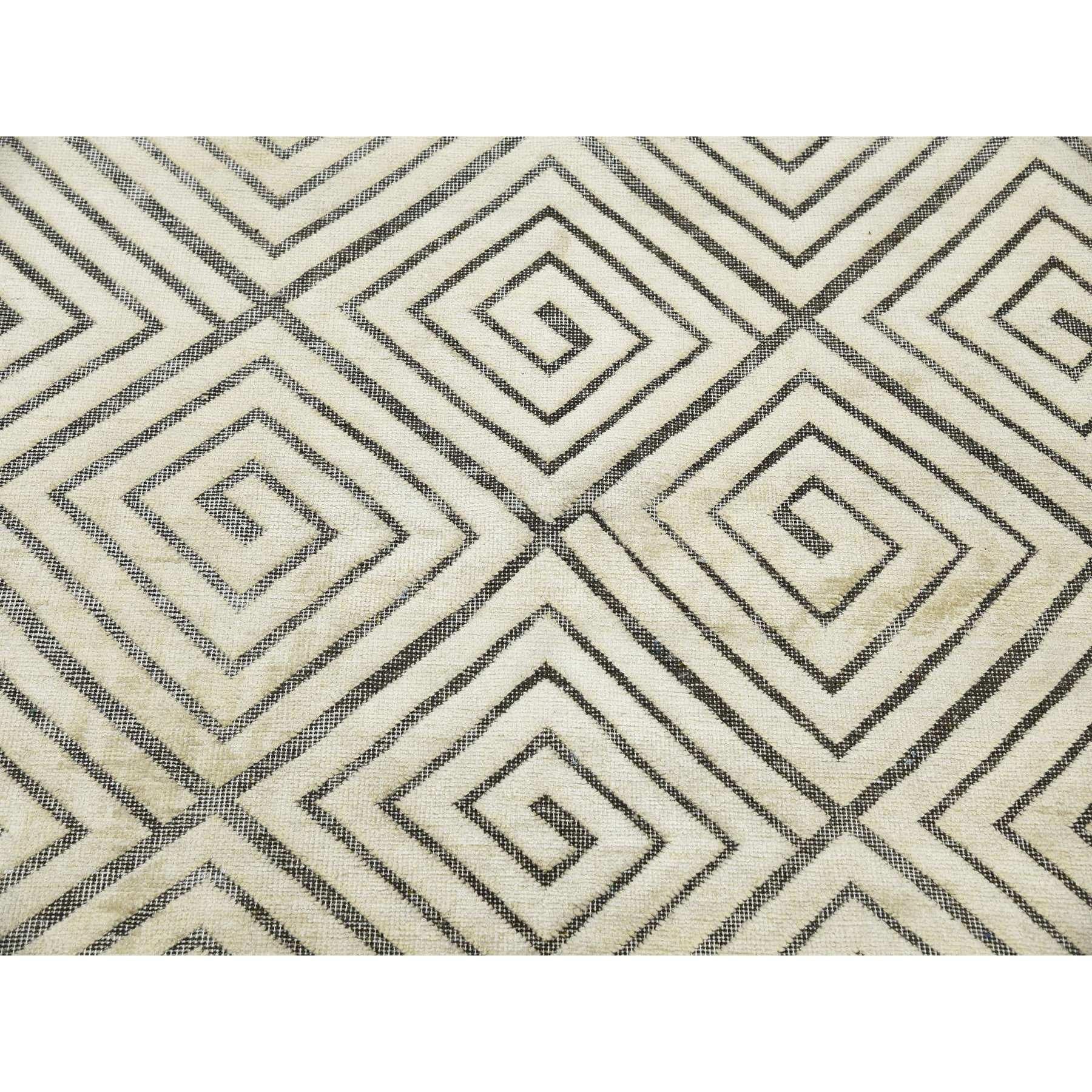 Ivory Hand Knotted Modern Roman Key Design Silk with Wool Rug 9'10