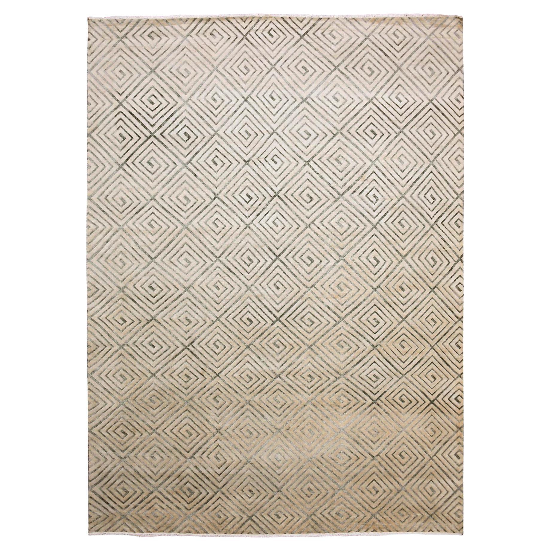 Ivory Hand Knotted Modern Roman Key Design Silk with Wool Rug 9'10" x 14'1" For Sale