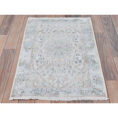 Ivory Hand Knotted Old Persian Kerman Cropped Thin Distressed Look Worn Wool Rug