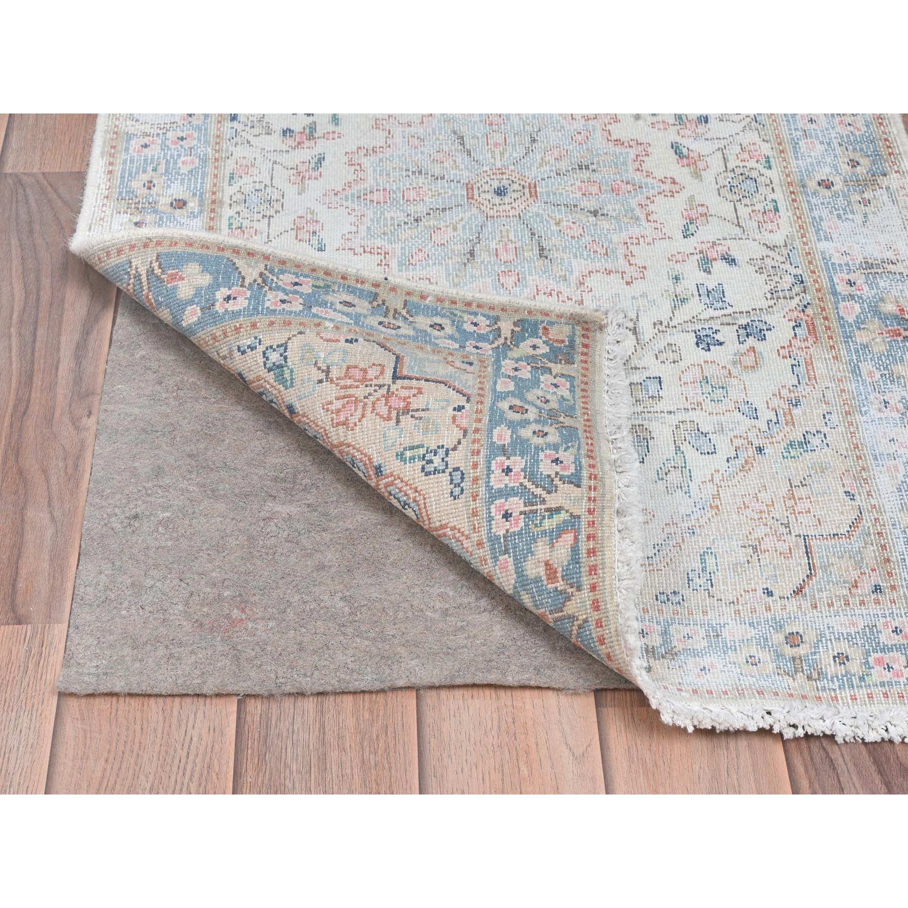 Medieval Ivory Hand Knotted Old Persian Kerman Cropped Thin Distressed Look Worn Wool Rug For Sale